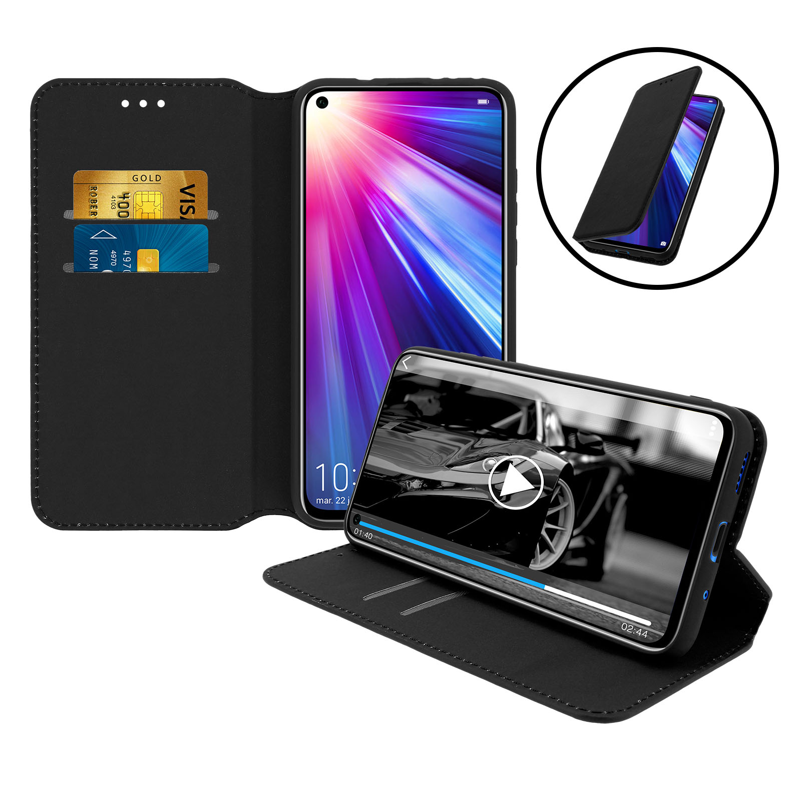 Schwarze Handyhülle offen, zeigt Telefon mit Video. Zweite Telefonansicht.