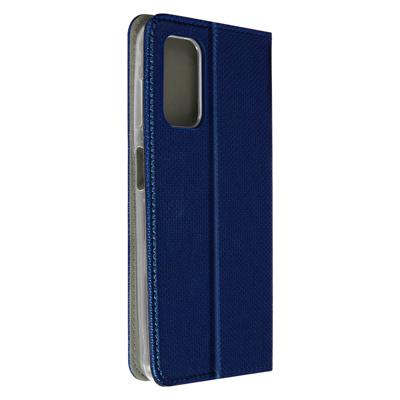 Custodia per telefono blu scuro con superficie strutturata. È chiusa e ha un'apertura per la fotocamera. Lo sfondo è bianco.