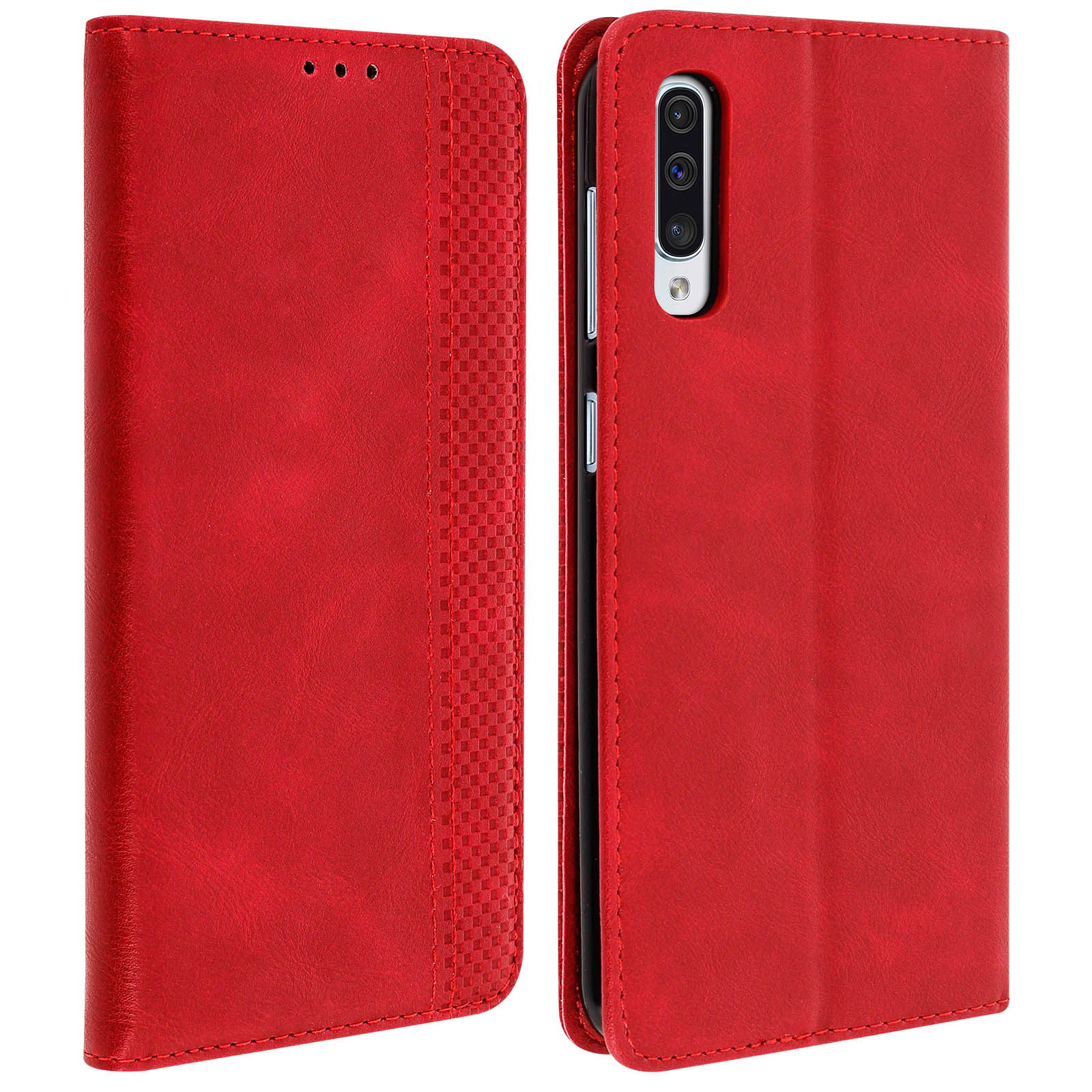 Una custodia per telefono rossa, aperta. È una custodia in pelle con cuciture. Il telefono è nero.