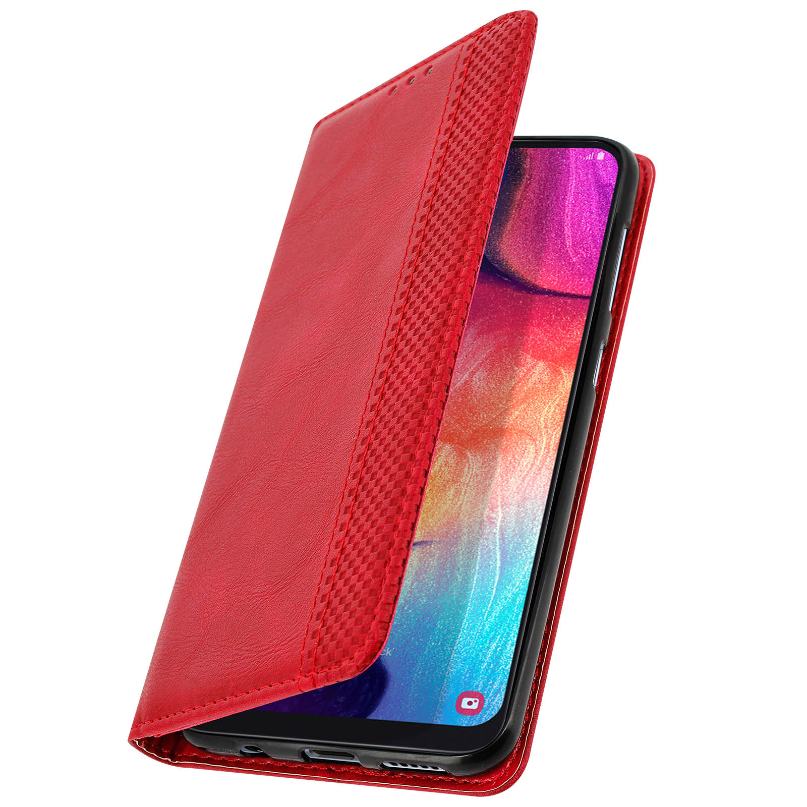 Una custodia rossa per telefono è aperta, mostrando un telefono. Lo sfondo è un tavolo bianco.