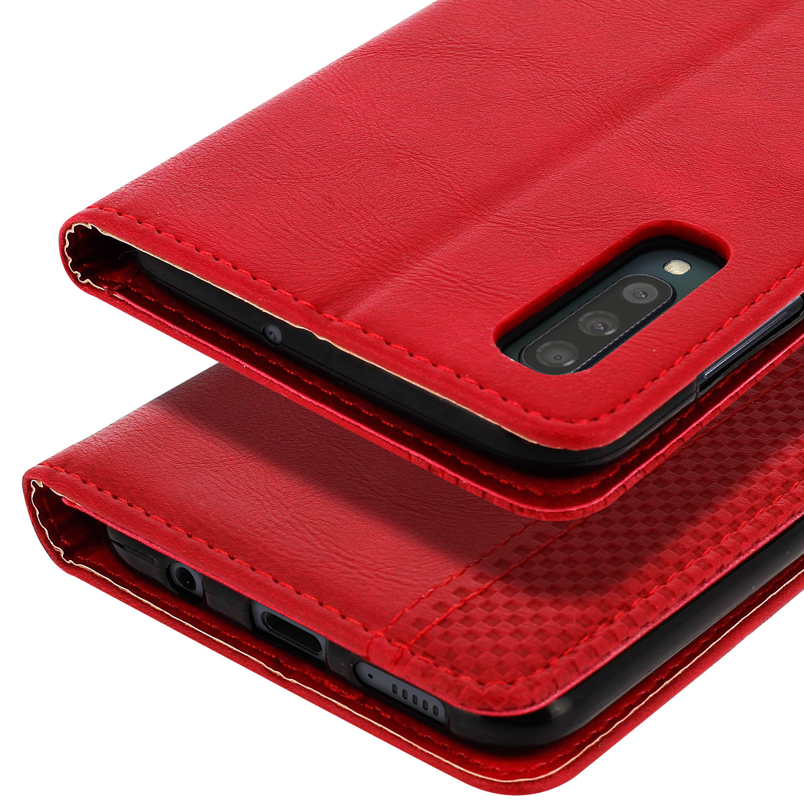 Custodia a portafoglio rossa per telefono aperta. Telefono dentro con lenti visibili. L'interno è rosso.