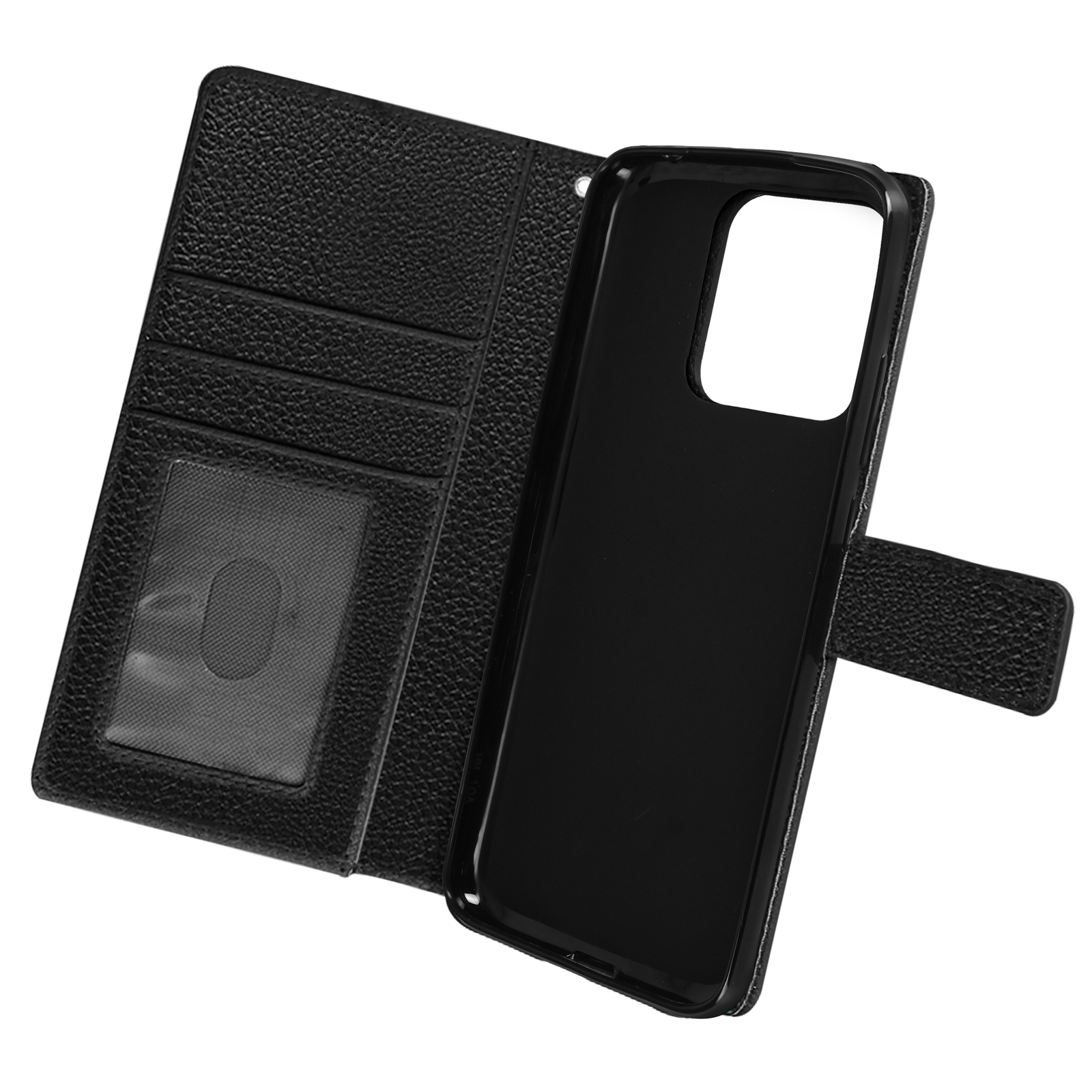 Custodia a portafoglio in pelle nera, aperta, con fessure per carte e supporto per telefono.