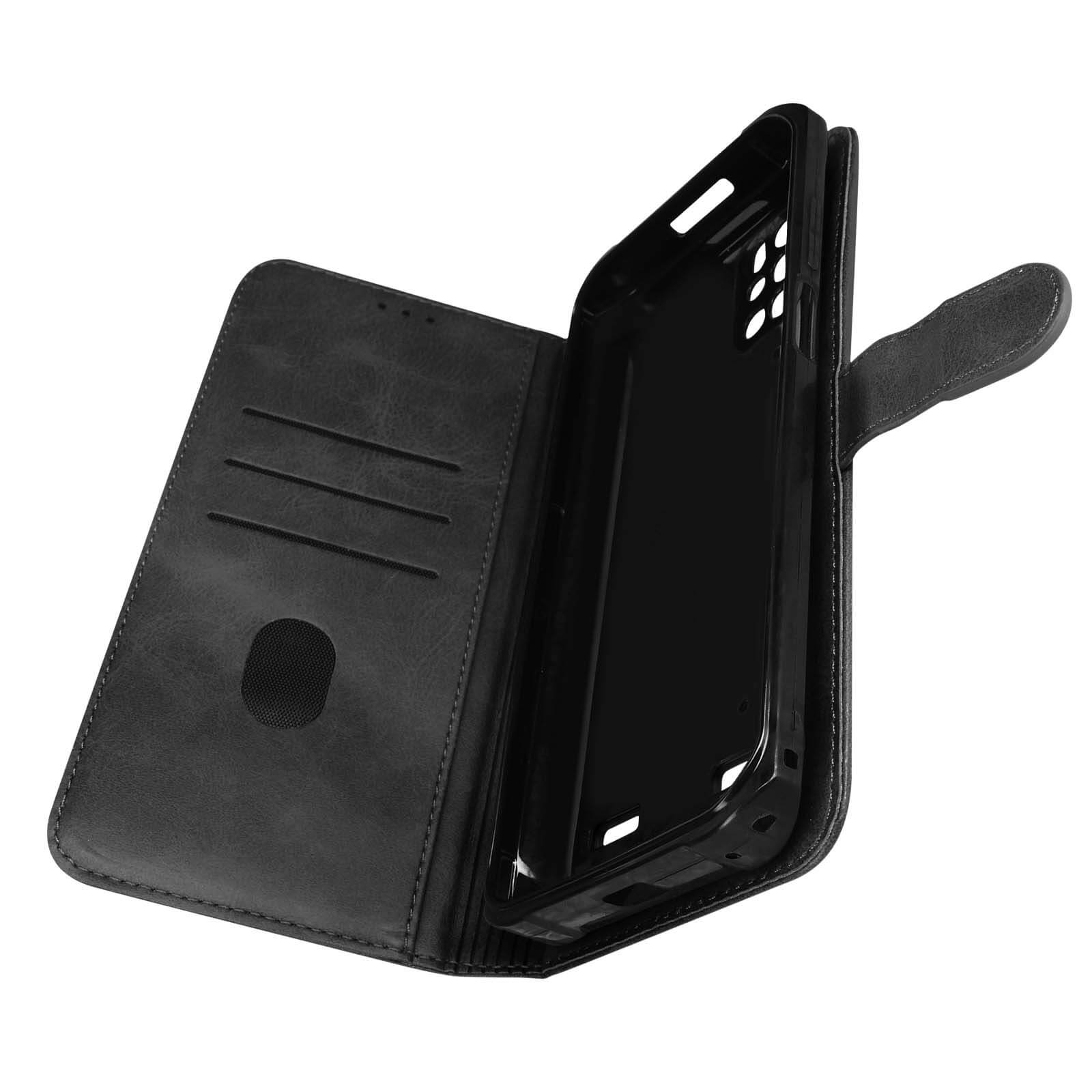 Custodia a portafoglio nera per telefono, aperta. Interno con porta telefono.