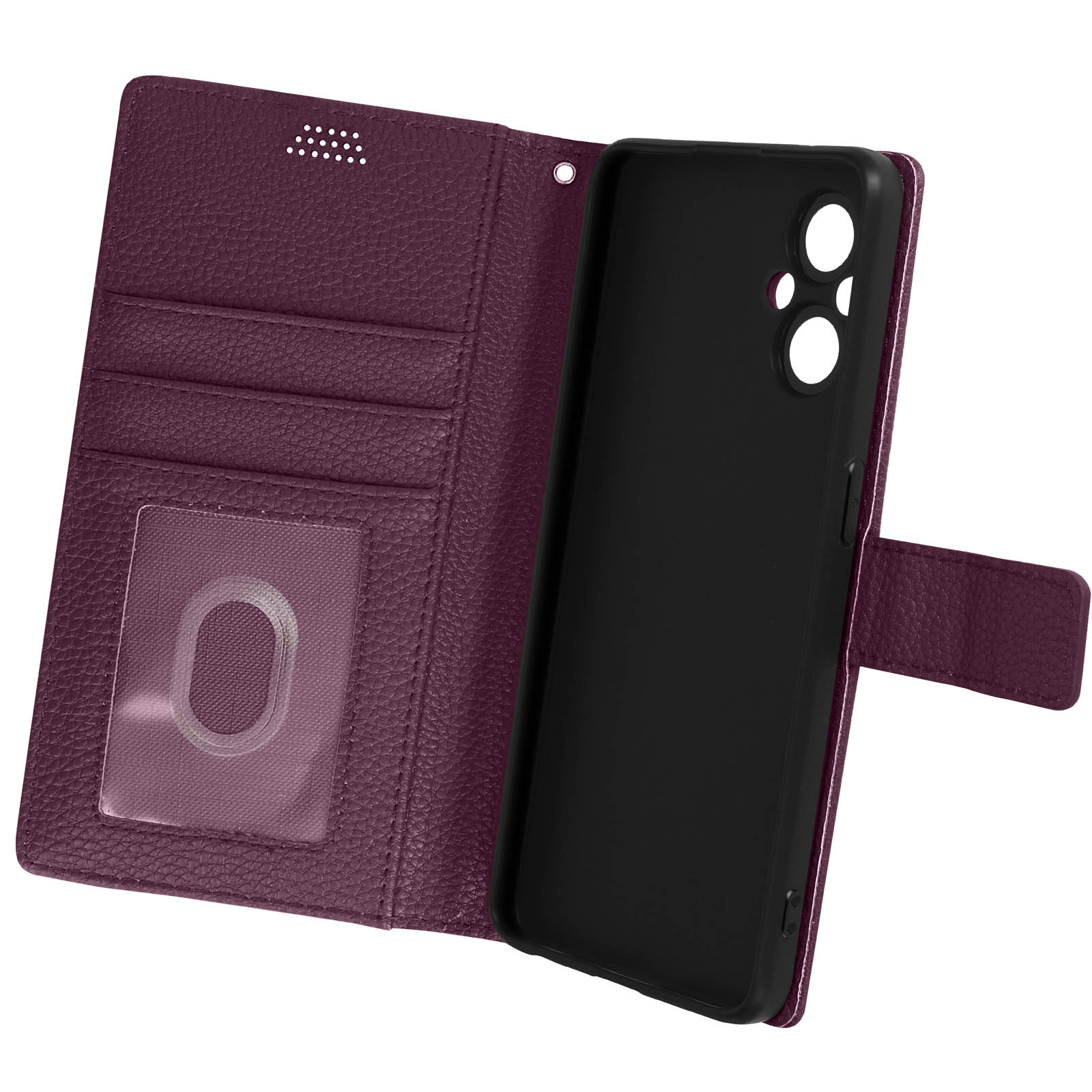 Custodia viola aperta, con telefono, scomparti per carte e chiusura magnetica.