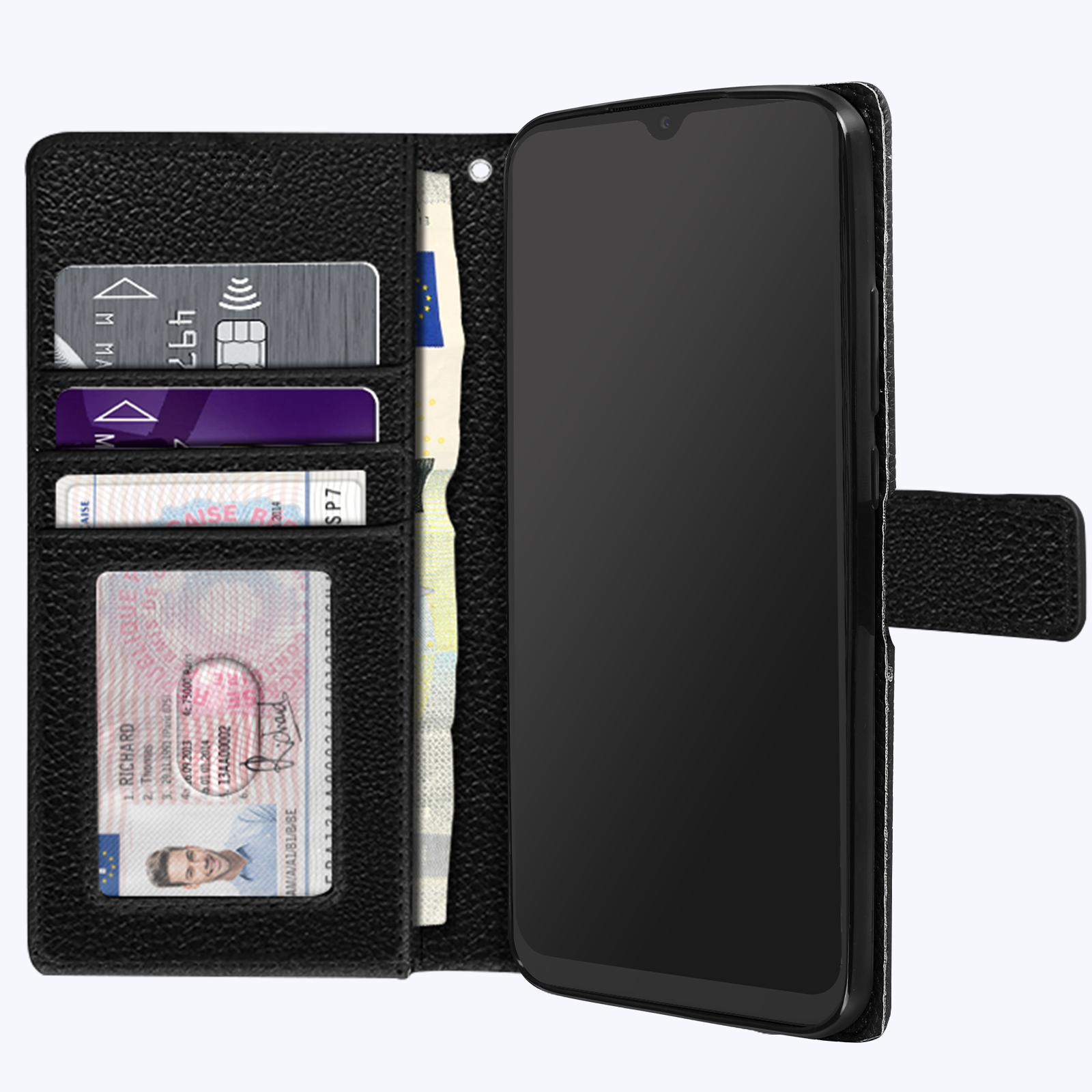 Custodia per telefono nera aperta, che mostra un telefono, carte e denaro. Lo sfondo è bianco.