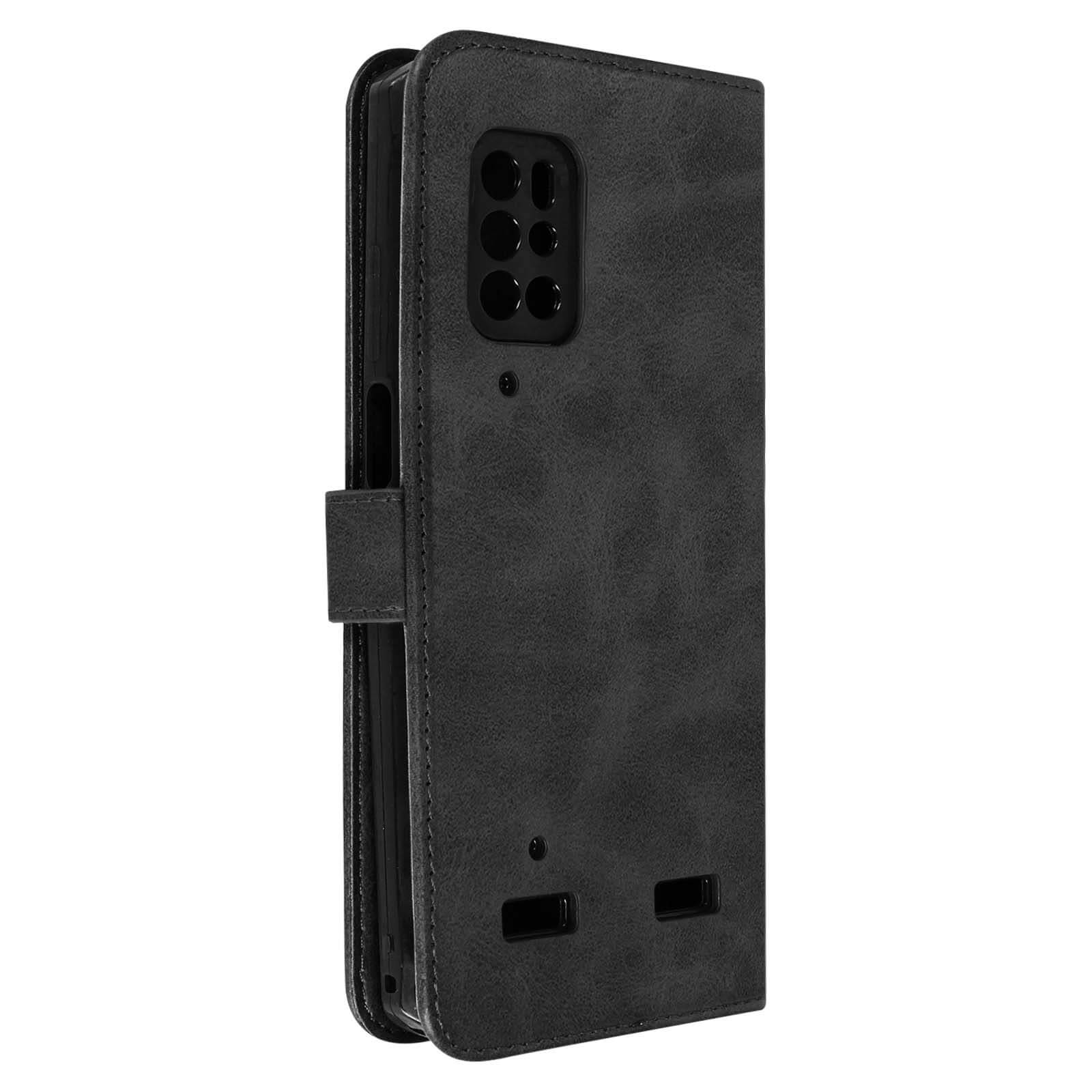 Custodia per telefono in pelle nera con chiusura magnetica, aperta per mostrare il telefono.