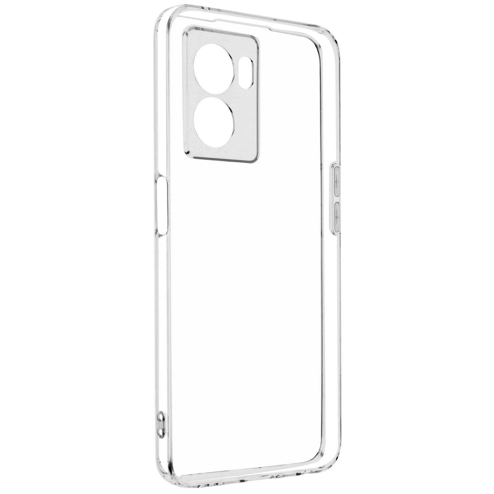 Custodia trasparente con ritagli per fotocamera, isolata su bianco.