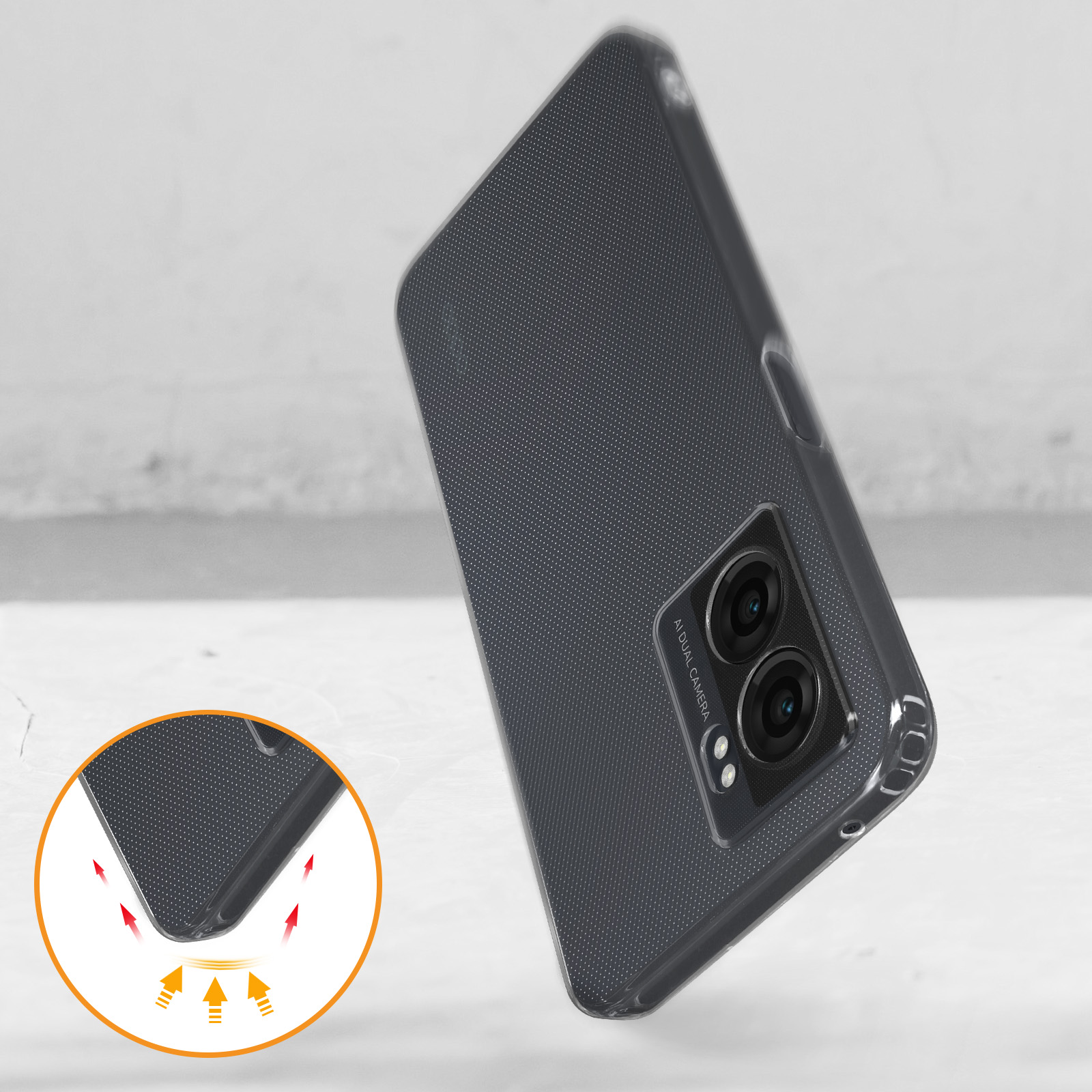 Custodia per telefono con dettagli della fotocamera. La custodia è trasparente. La parte inferiore mostra l'assorbimento degli urti.