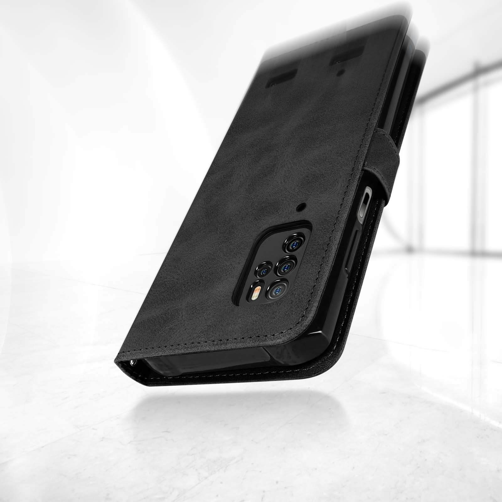 Custodia nera per telefono in un angolo inclinato, con fotocamera e pulsanti visibili.