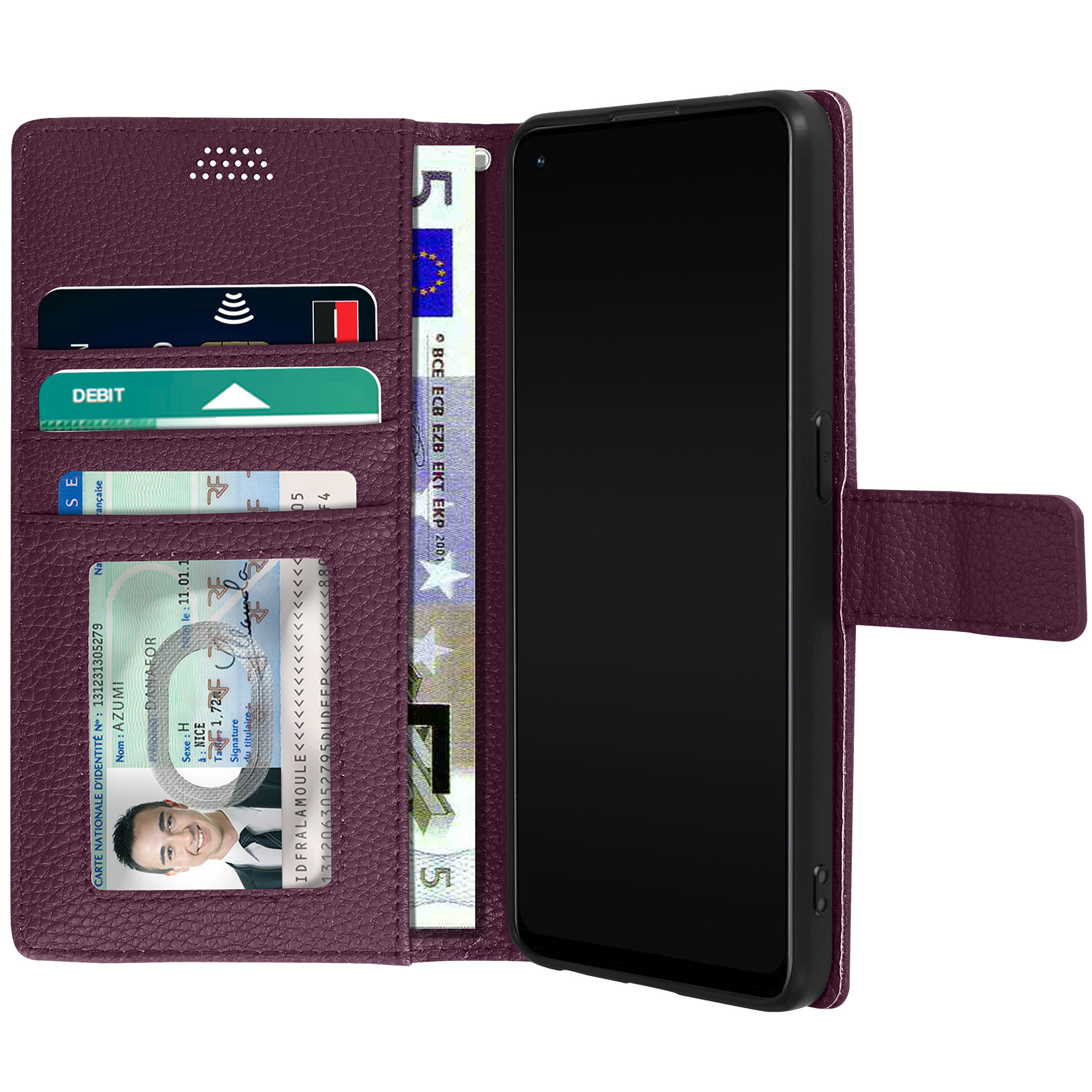 Una custodia viola per telefono con carte e denaro all'interno. Un telefono è posto all'interno.