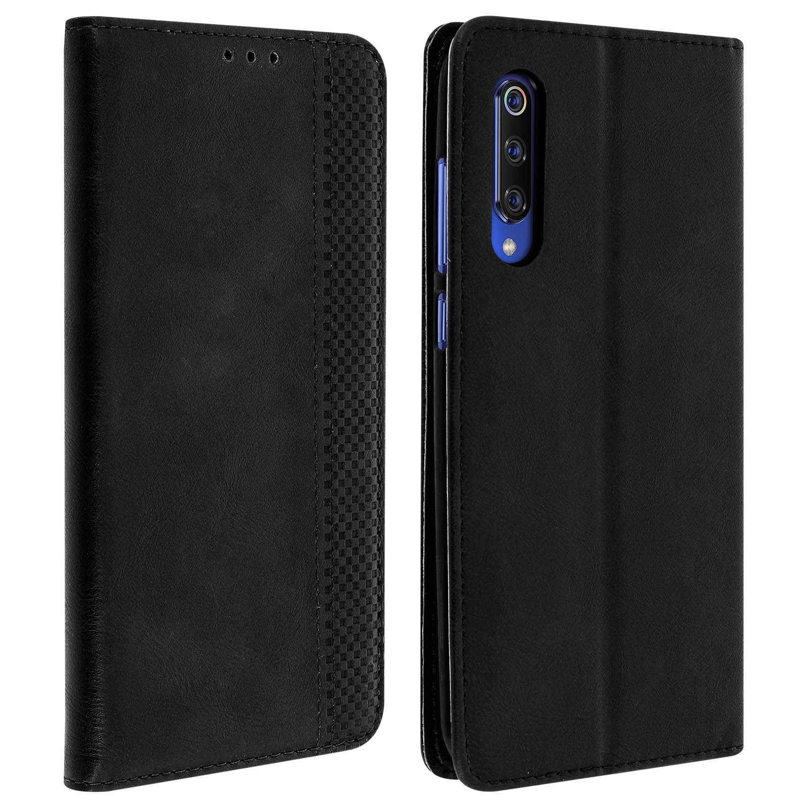 Custodia per telefono nera, aperta, con telefono e fotocamera visibili. Su sfondo bianco.