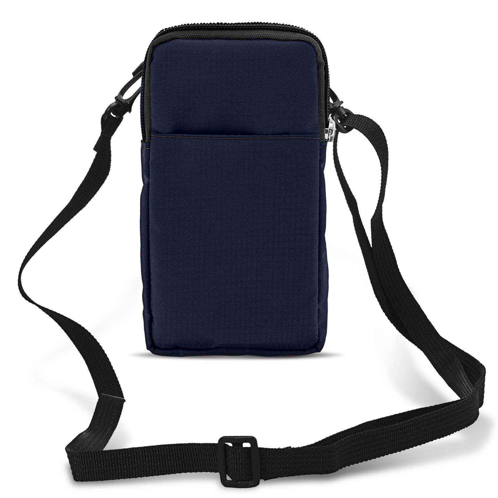 Borsa a tracolla blu navy per telefono con cinturino nero e chiusura a zip.