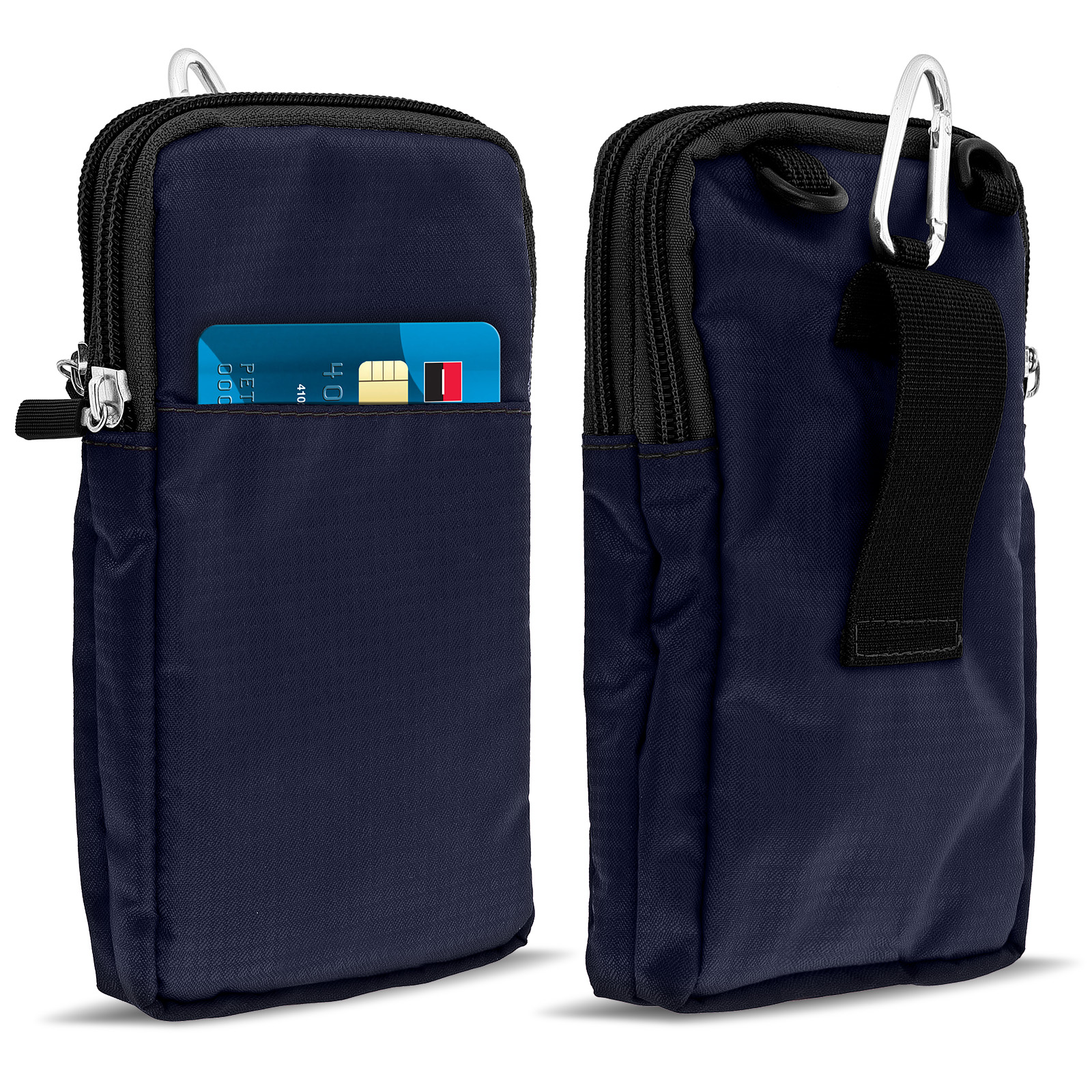 Due custodie per telefono blu navy. Una con carta, entrambe con cerniere e moschettoni.