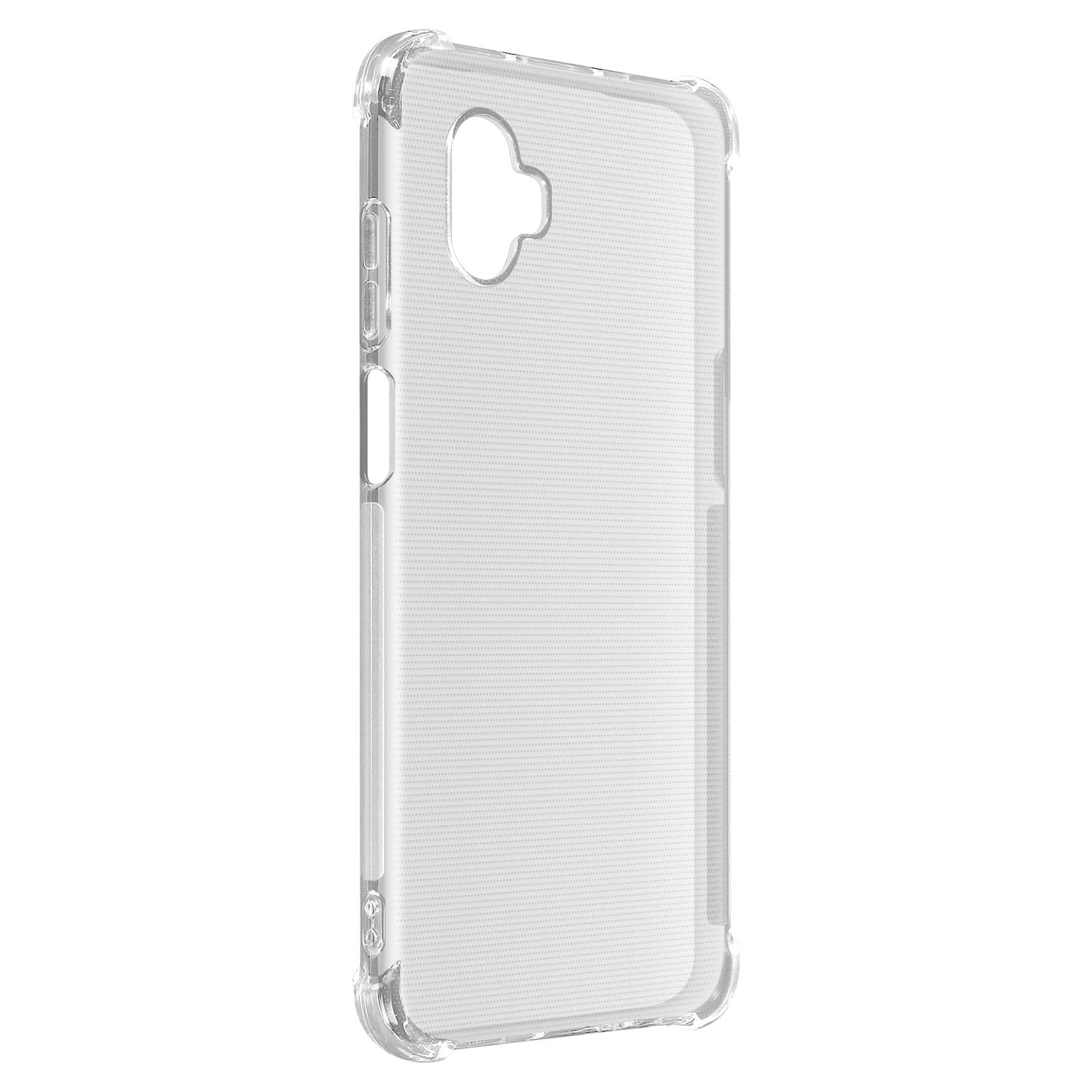 Custodia trasparente per telefono con design trasparente, mostra fotocamera e pulsanti. Sfondo bianco.