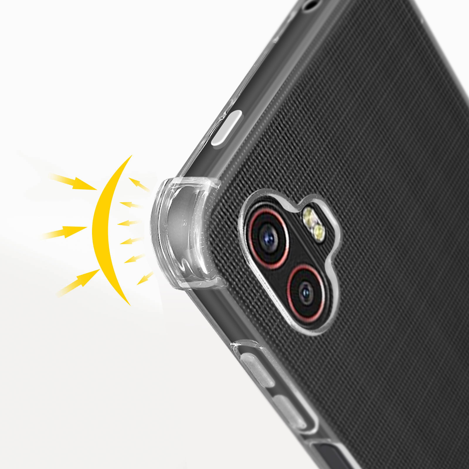 Una custodia trasparente per telefono con un'area nera per la fotocamera. La custodia protegge la fotocamera.