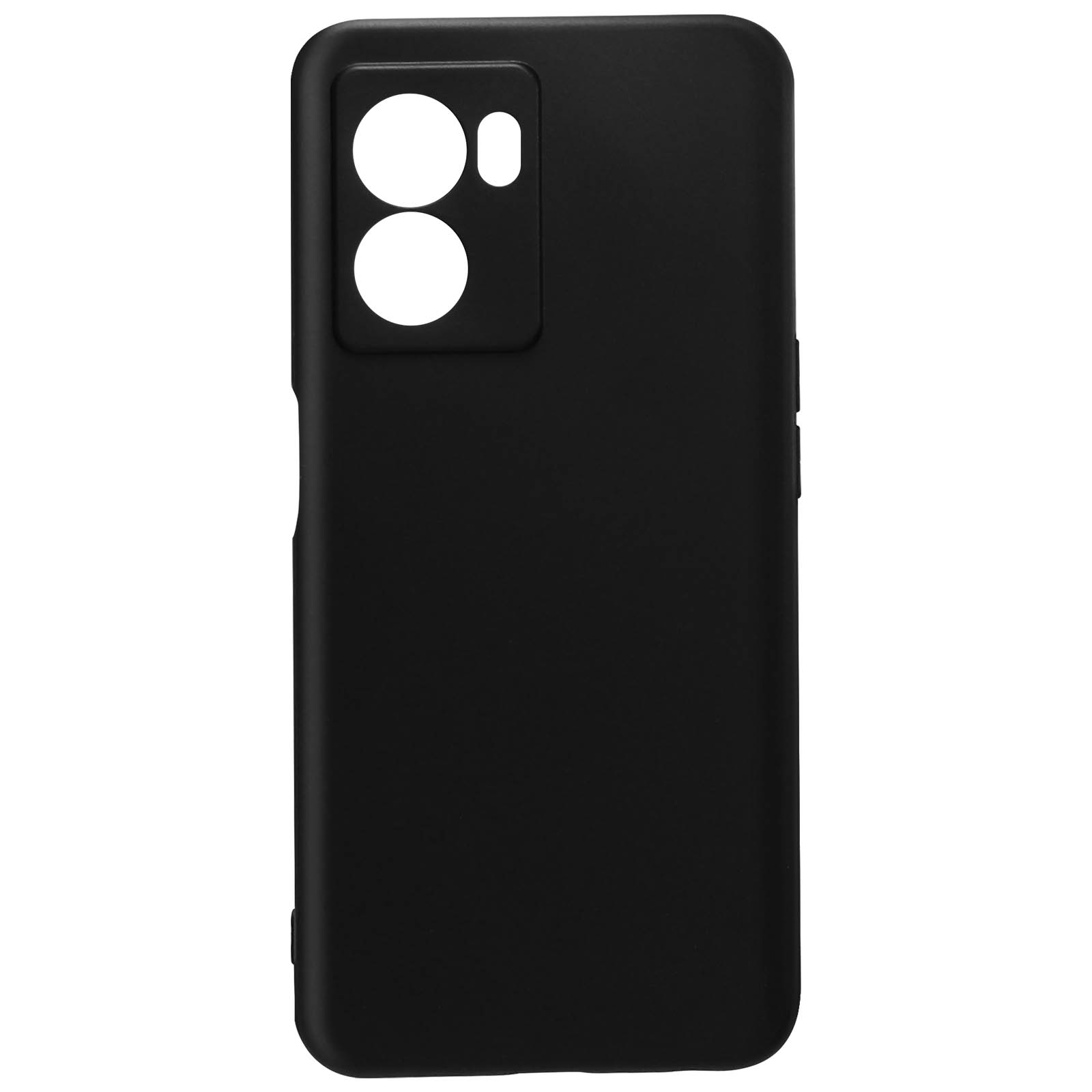 Una custodia per telefono nera. Copre la parte posteriore, con fori per la fotocamera.