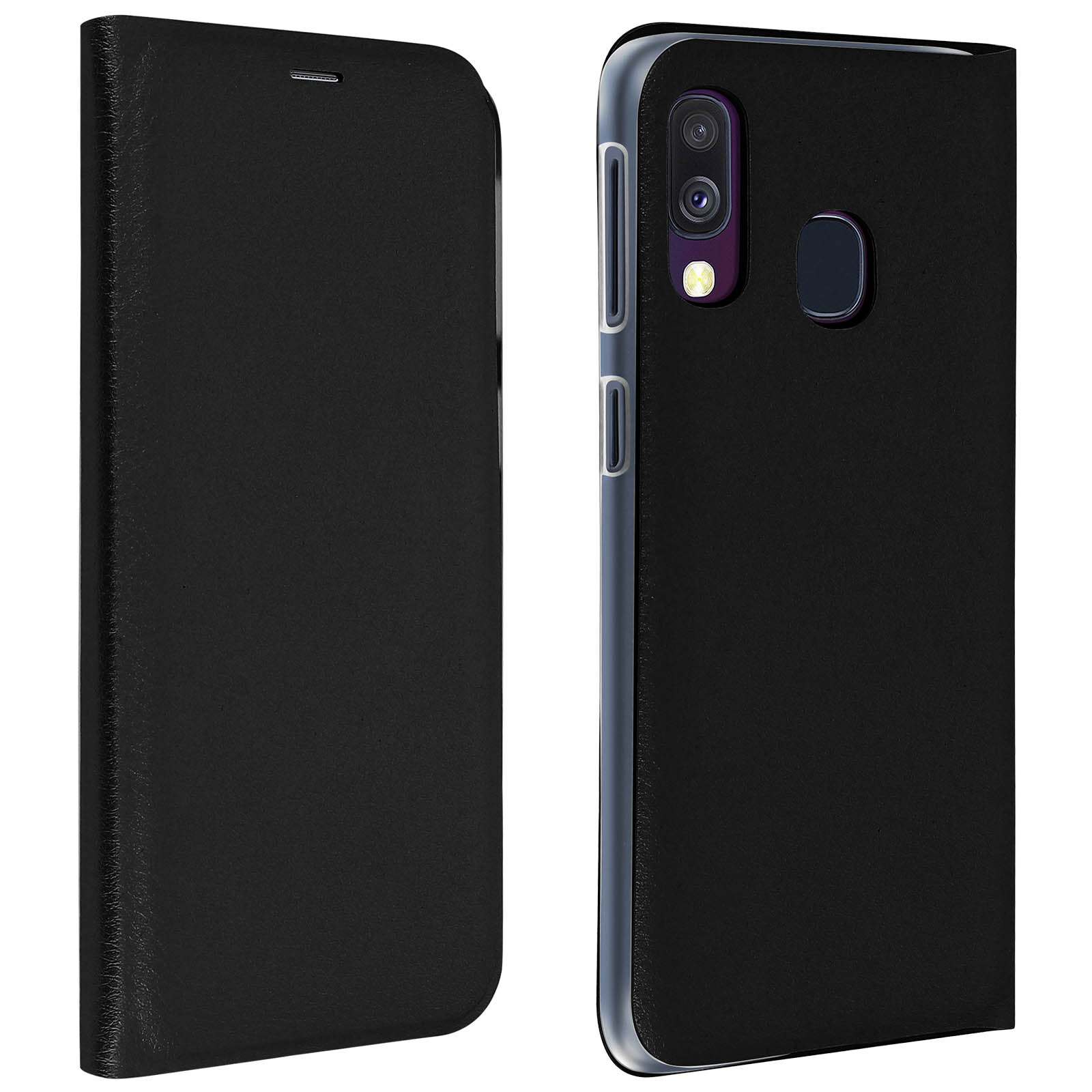 Étui portefeuille noir pour téléphone, fermé, simili cuir, montrant une découpe pour appareil photo.