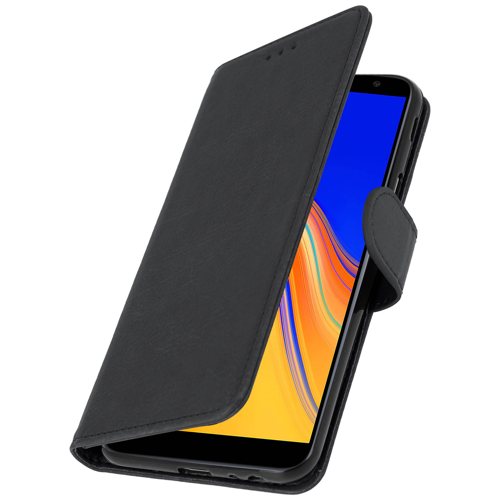 Custodia per telefono nera con telefono all'interno. Lo schermo del telefono è visibile, con un display blu e giallo.