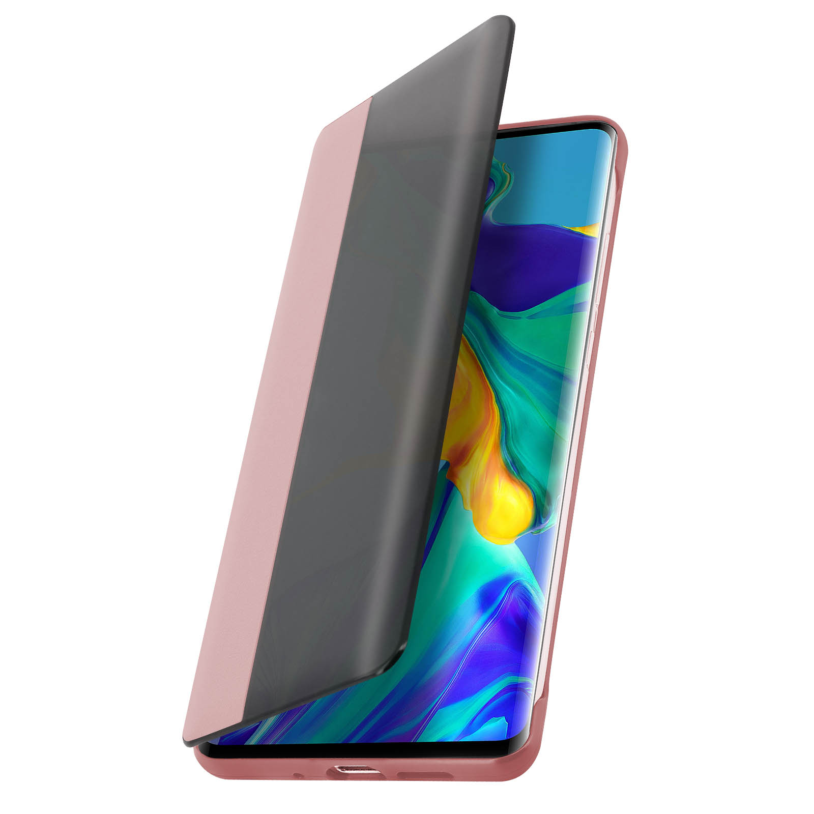 Telefono rosa con custodia a libro grigia aperta. Il telefono è su sfondo bianco.
