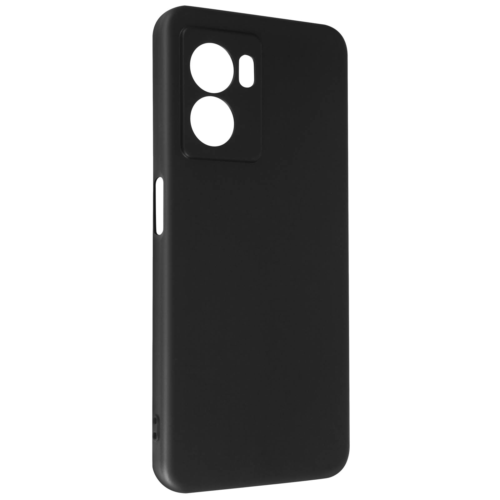 Custodia per telefono nera con fori per la fotocamera. La custodia è opaca e ha una superficie liscia e non riflettente.