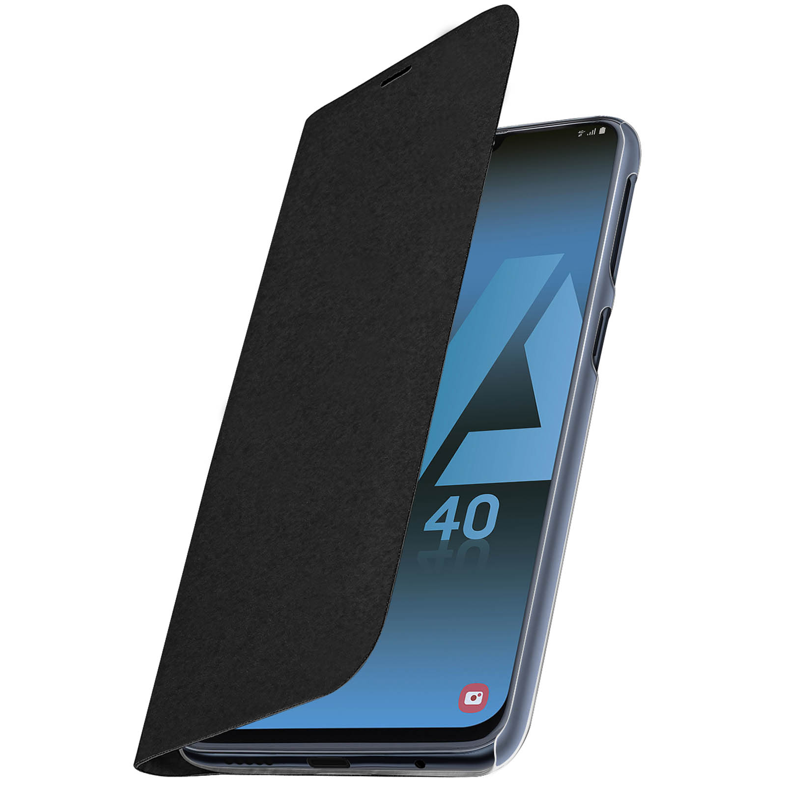 Téléphone noir dans un étui, légèrement ouvert. Le téléphone affiche un écran bleu avec un logo.