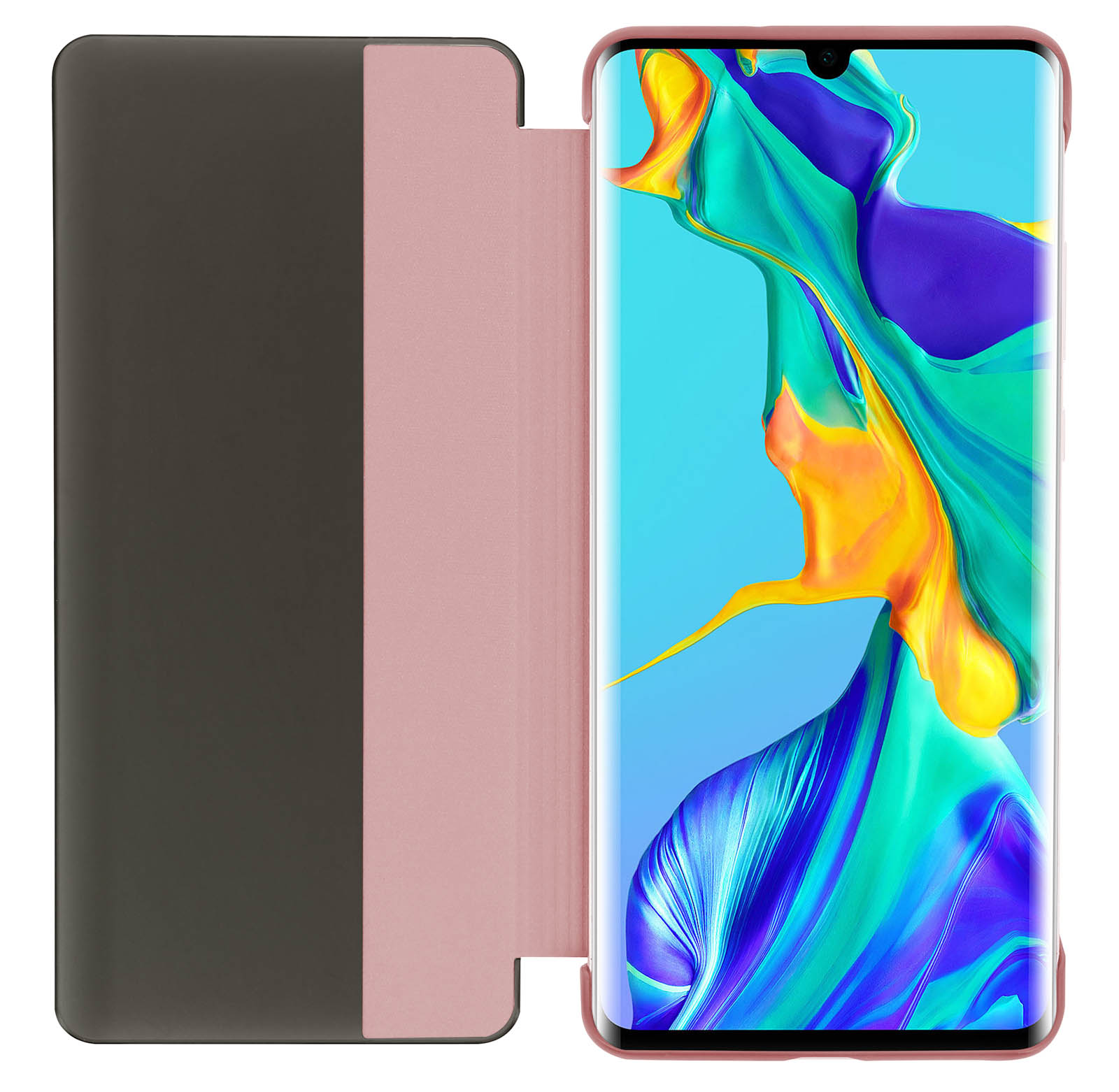 Custodia per telefono rosa e grigia aperta, che rivela il telefono. Lo schermo è visibile.
