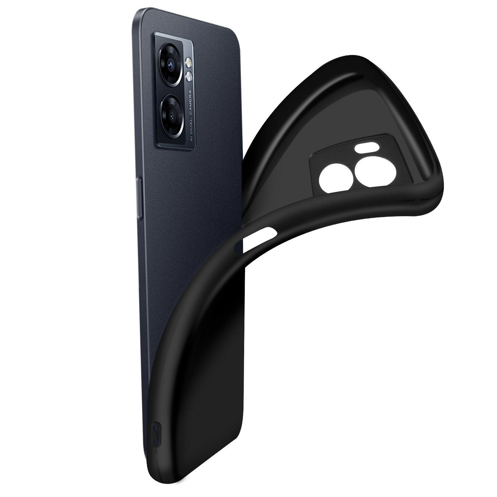 Telefono nero con custodia nera, parzialmente staccata.