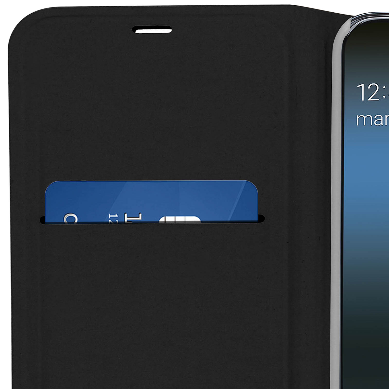 Coque de téléphone noire avec fente pour carte. Une carte bleue est visible dans la fente.