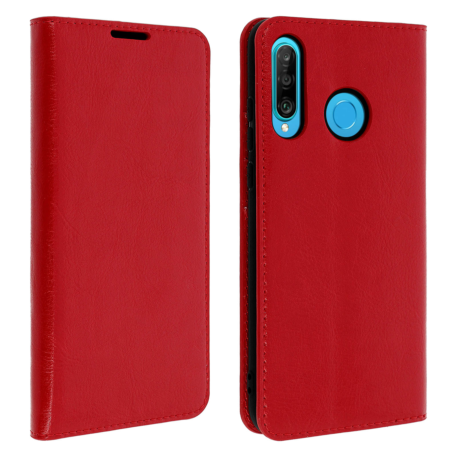 Custodia per telefono in pelle rossa, aperta e chiusa. Mostra la fotocamera del telefono e una texture liscia.