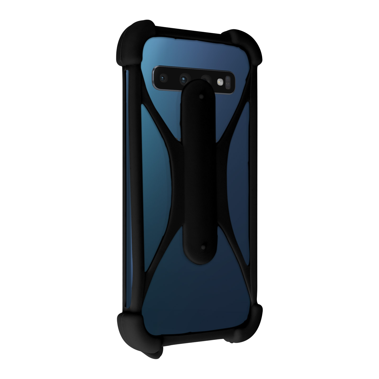 Une coque de téléphone avec un dos bleu et un cadre noir. L'arrière du téléphone est visible.