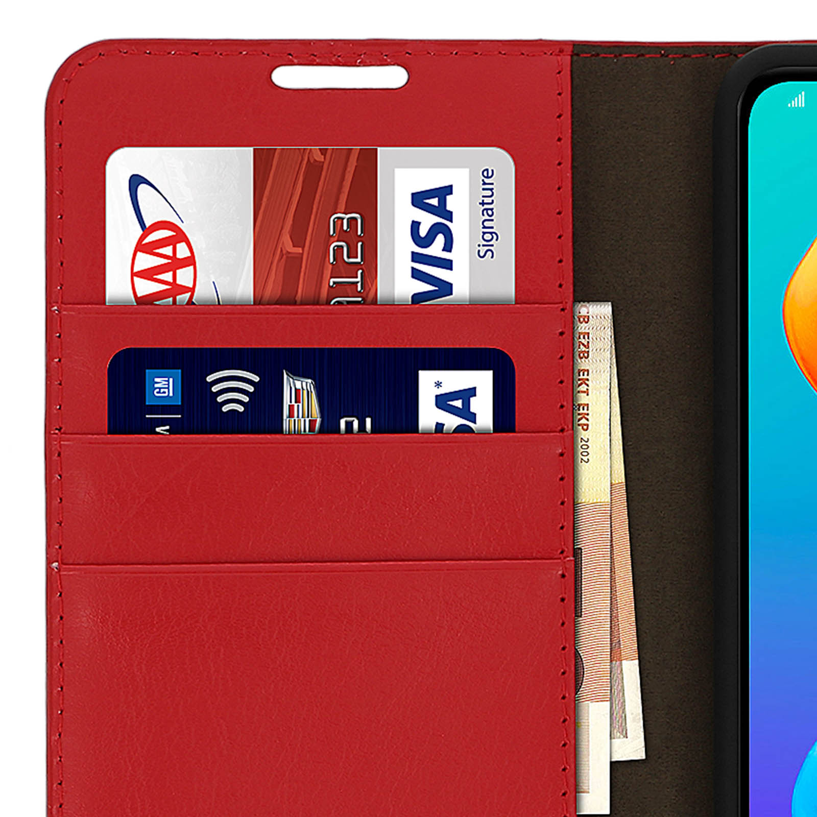 Una custodia rossa con fessure per carte. Viene mostrata una mano con un telefono all'interno della custodia.