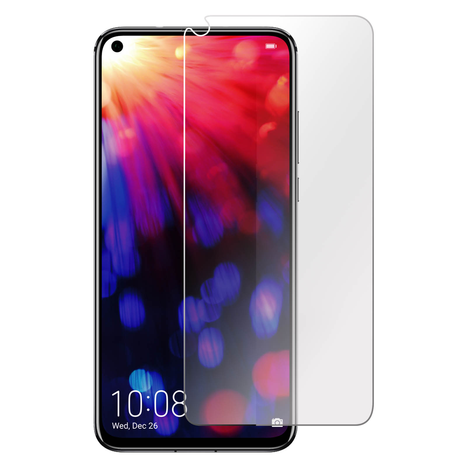 Un telefono con una protezione per lo schermo applicata, uno schermo e una protezione in vetro.