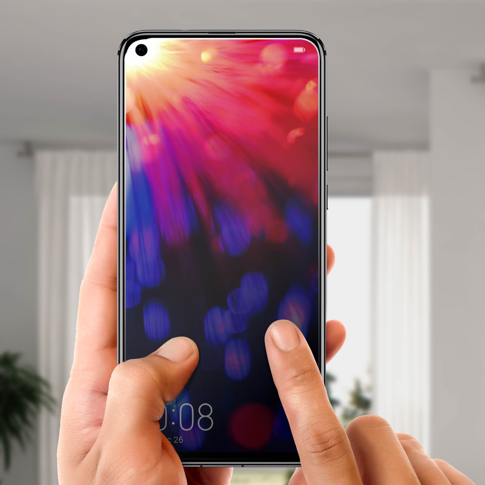 Mani che toccano lo schermo di un telefono con sfondo colorato. Display acceso.
