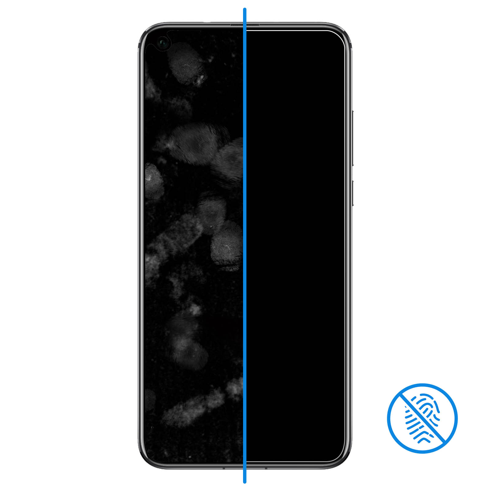 Lo schermo del telefono è diviso a metà, mostrando impronte digitali da un lato e pulito dall'altro. Linea blu divide.