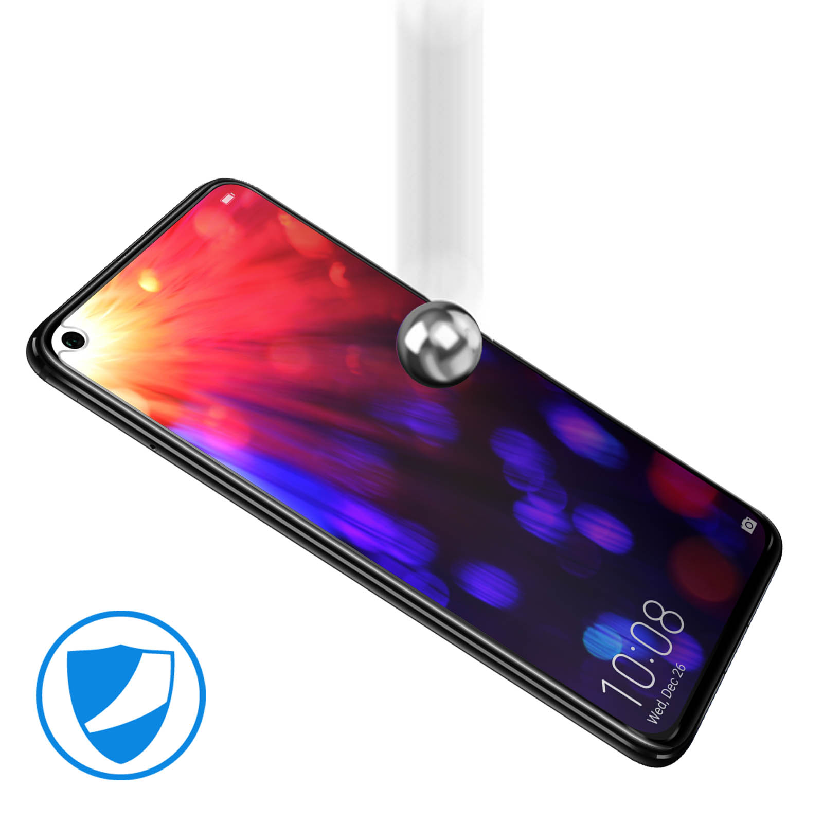 Schermo del telefono con effetto vetro rotto. Una palla di metallo sta cadendo sul telefono.