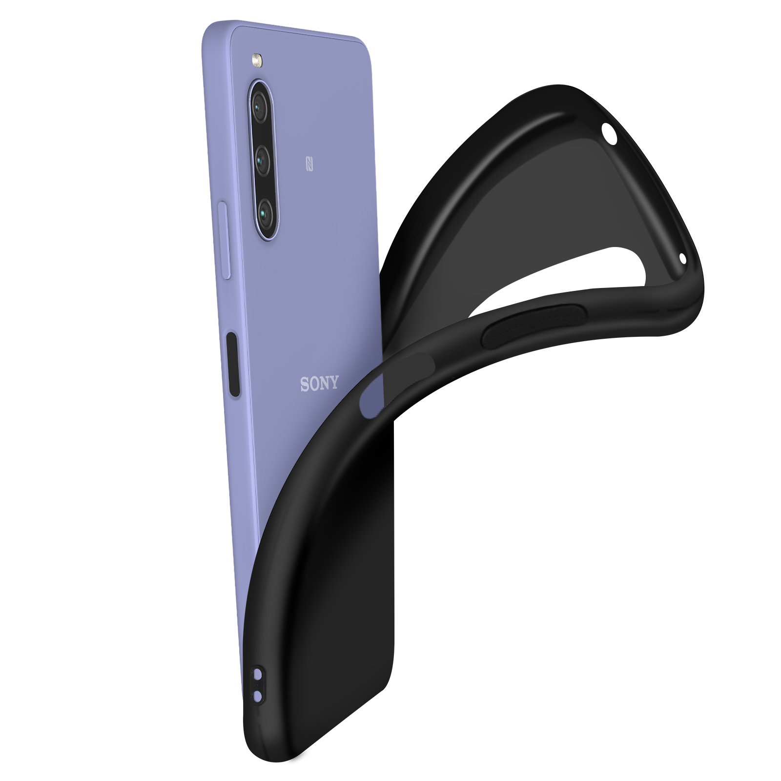 Telefono viola con custodia nera. La custodia viene rimossa. Sfondo bianco.