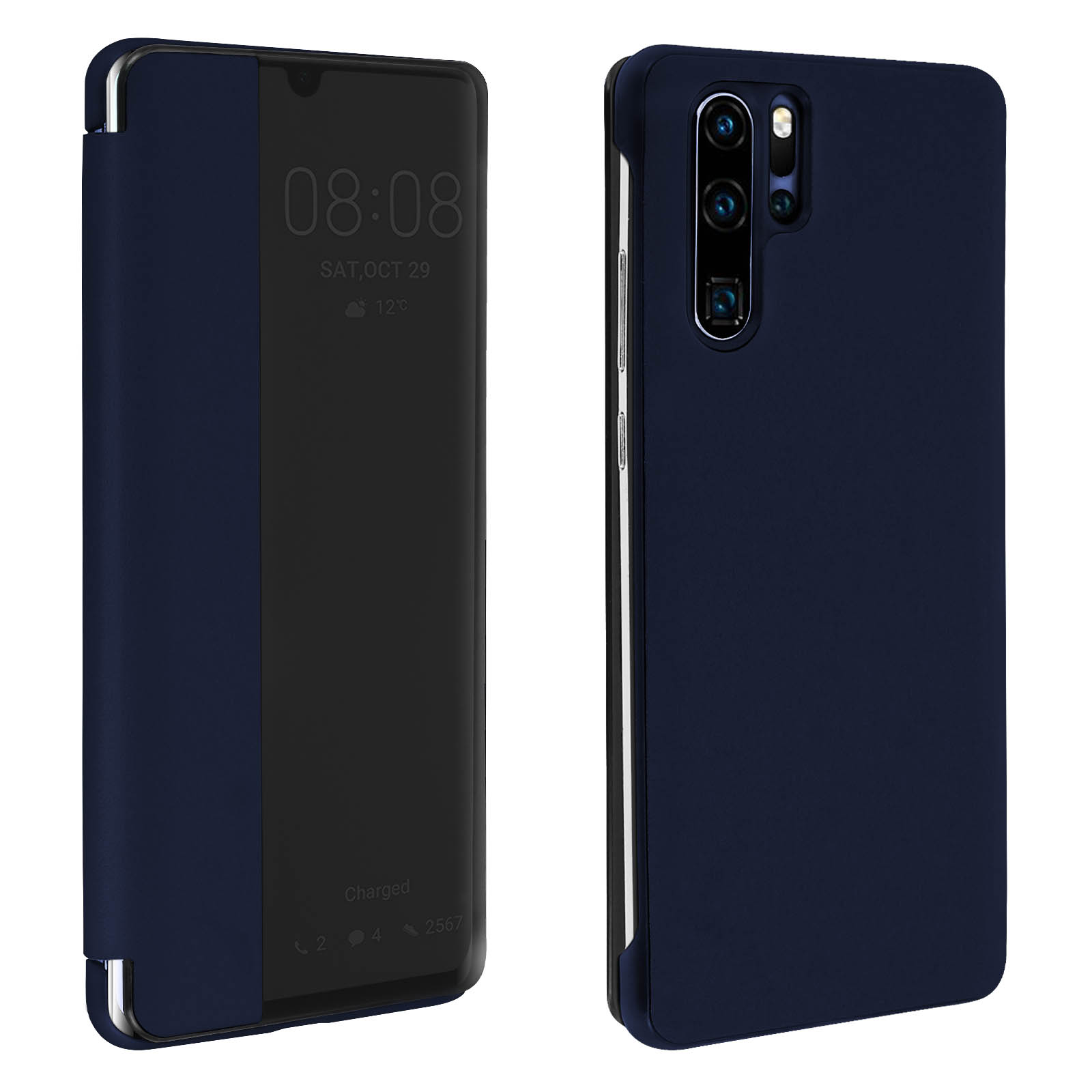 Custodia blu navy, aperta. Mostra ora, data sullo schermo. Telefono dentro.