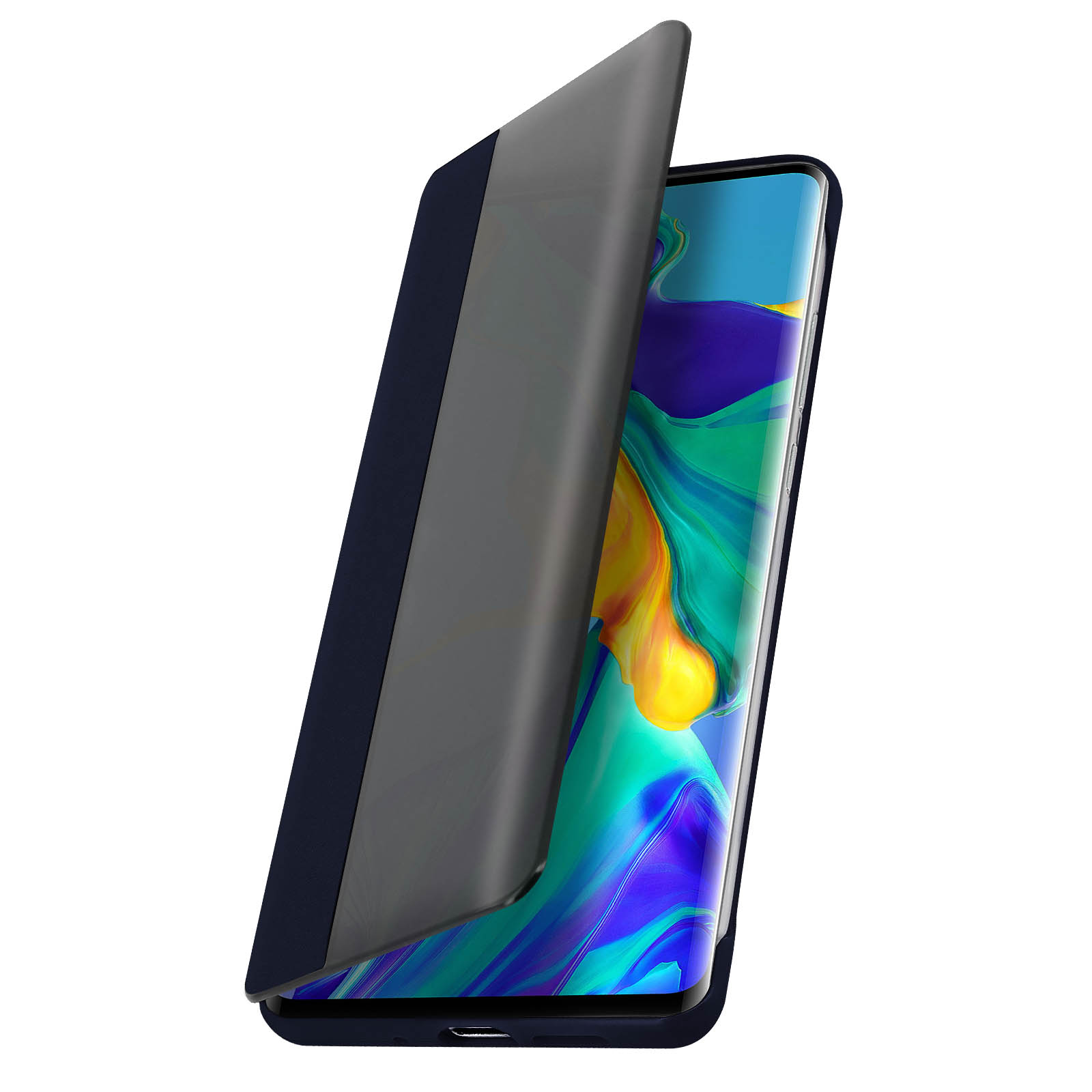 Telefono con custodia blu, parzialmente aperto. Il display mostra ora e data. Sfondo bianco.