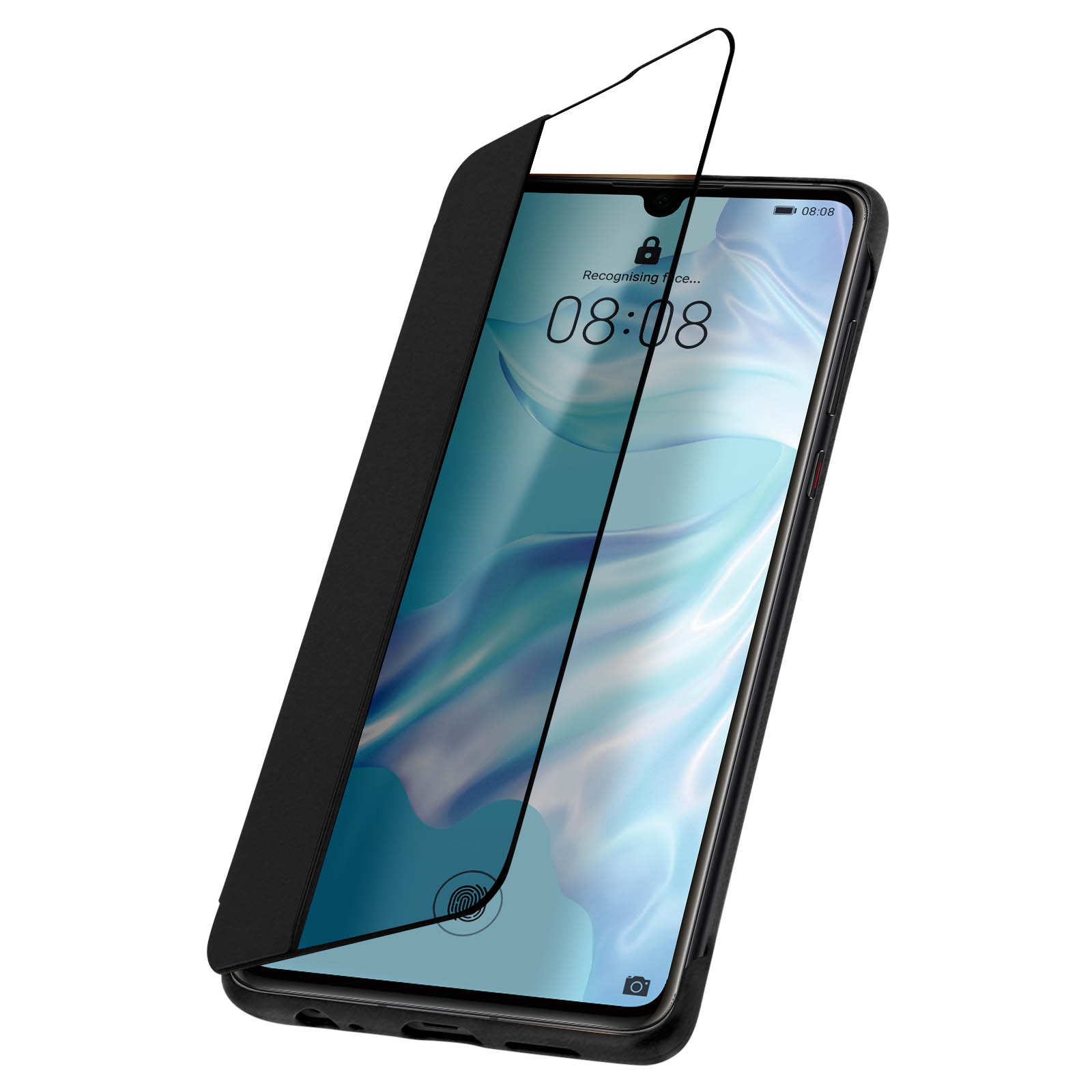 Telefono nero con protezione schermo. Lo schermo mostra 08:08 e un'icona a forma di lucchetto. Custodia aperta.
