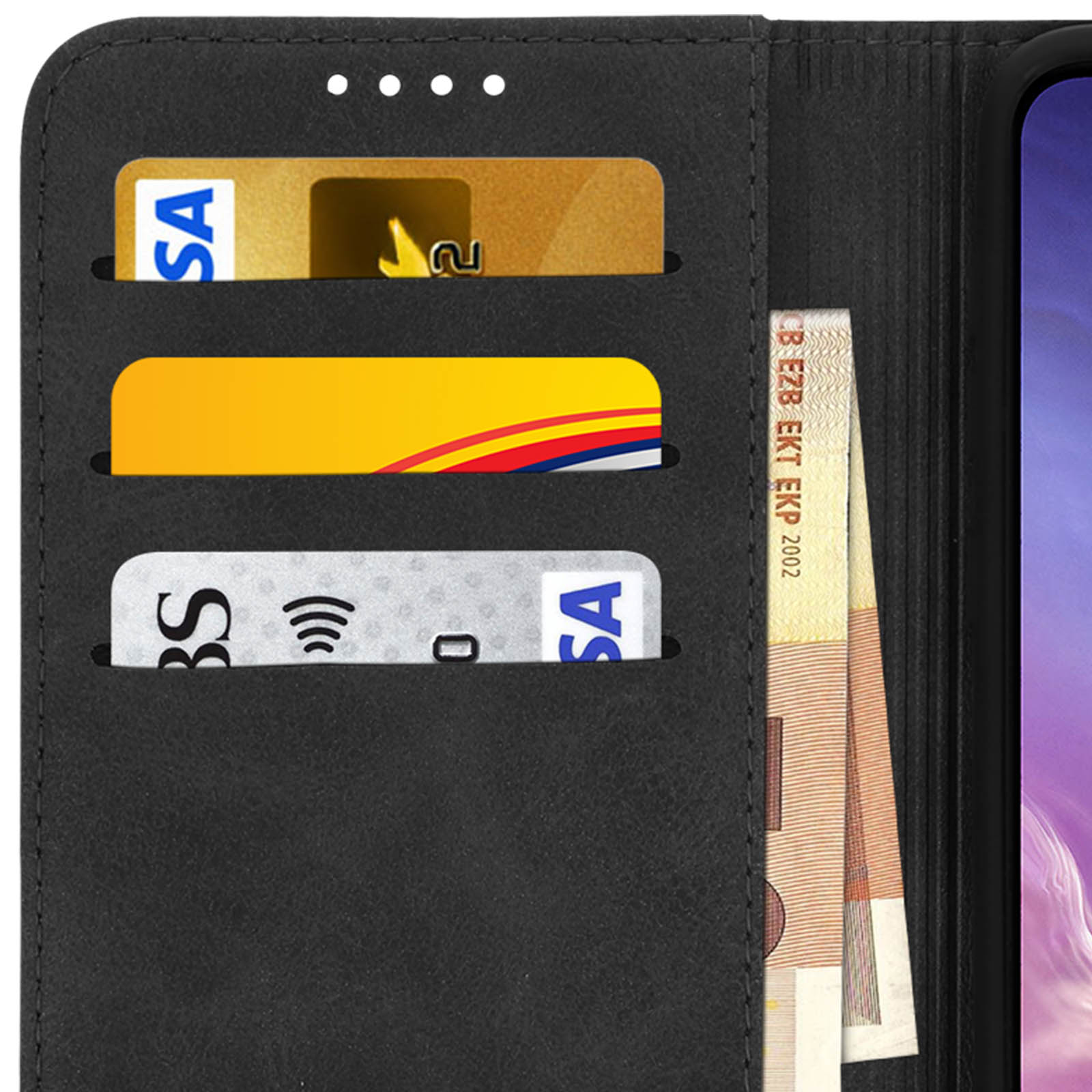 Custodia nera per telefono con carte di credito e denaro. Portafoglio in pelle nera.