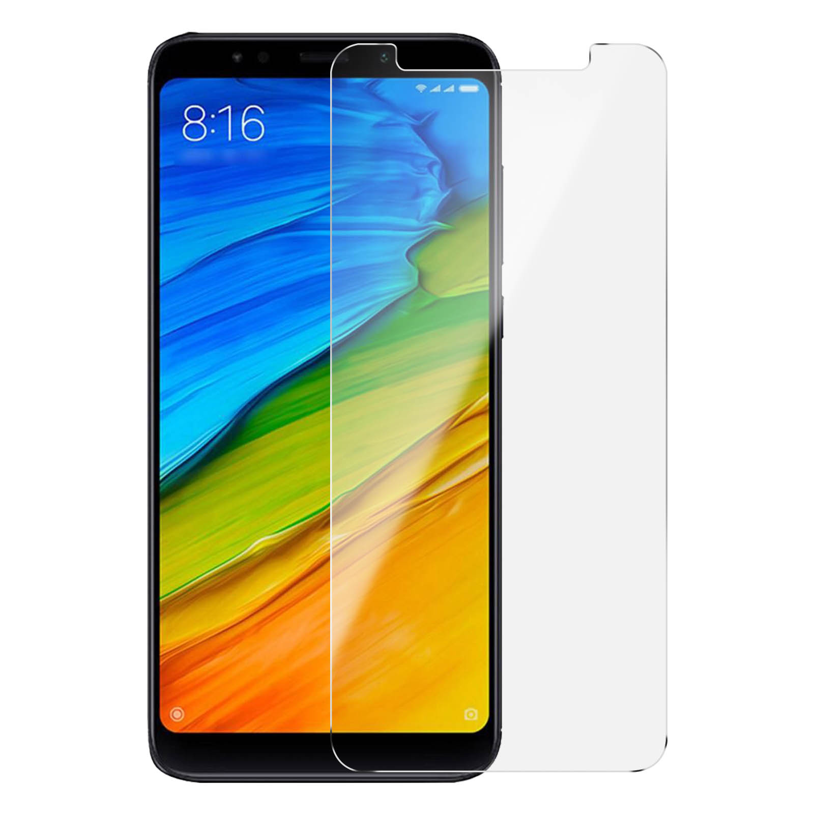 Pellicola protettiva per un telefono. Vetro trasparente, applicato su un telefono. Telefono che mostra l'ora 8:16. Sfondo bianco.