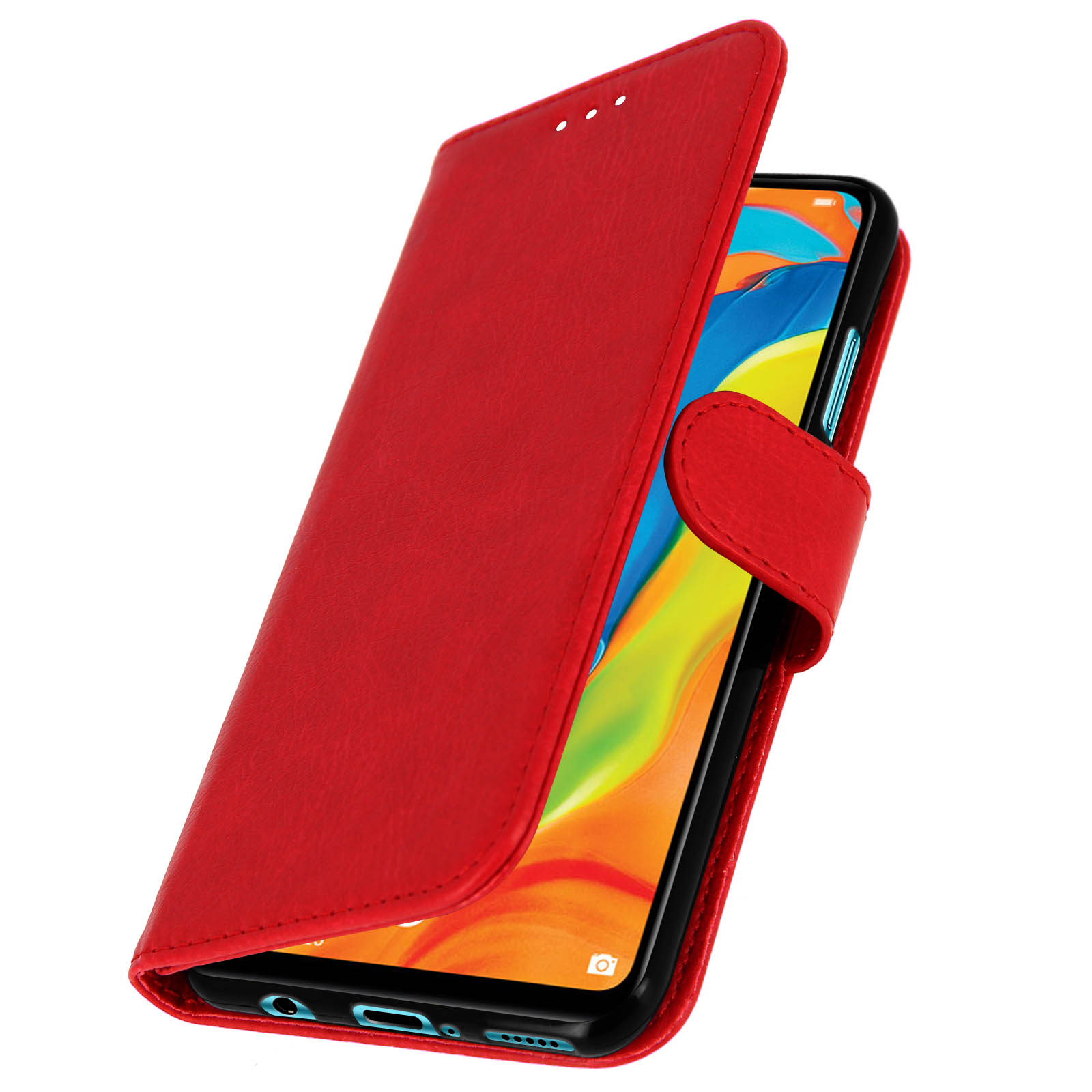 Una custodia per telefono rossa a portafoglio, aperta, che rivela uno schermo del telefono e fessure interne per le carte.