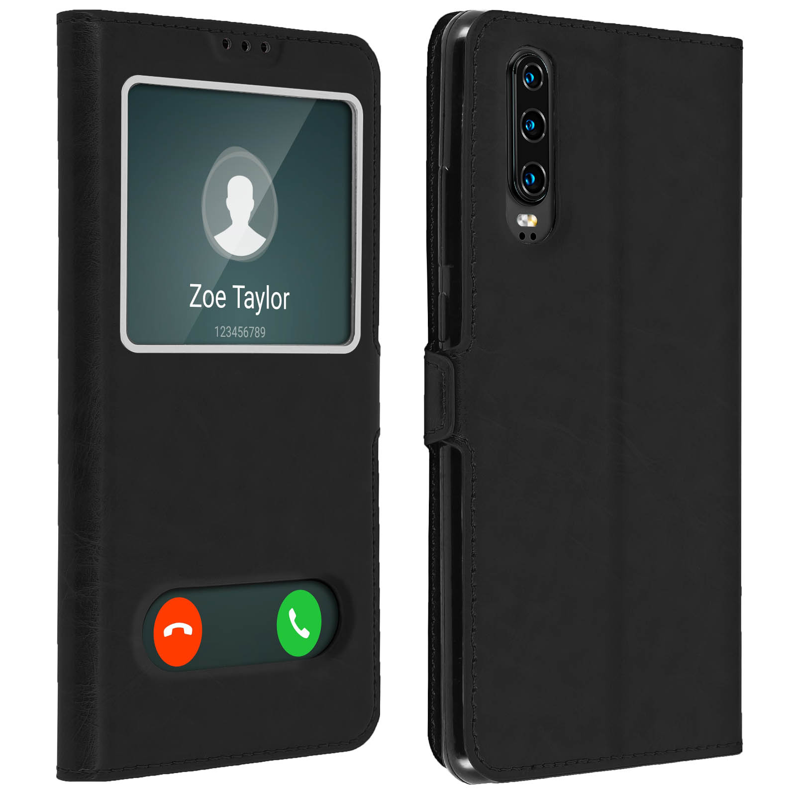 Custodia per telefono nera aperta, che mostra una schermata di chiamata su sfondo bianco.