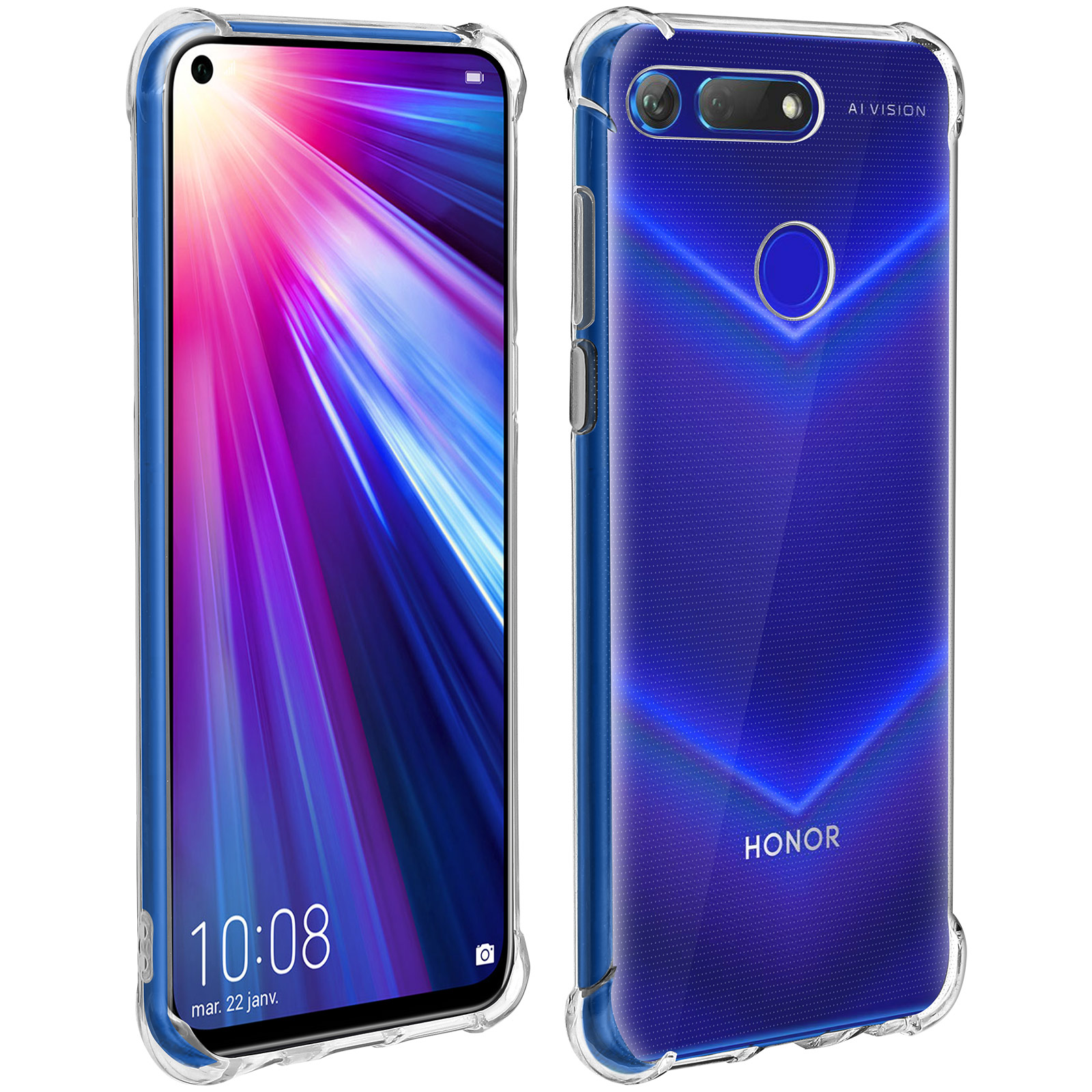 Custodia per telefono con sfondo colorato e contorno telefono, su bianco.