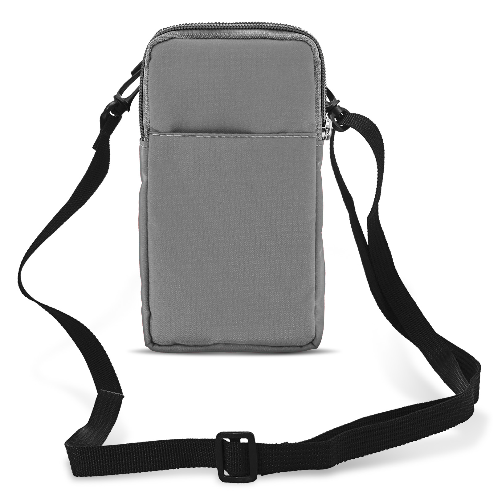 Borsa per telefono grigia con cinturino nero e cerniera nera.