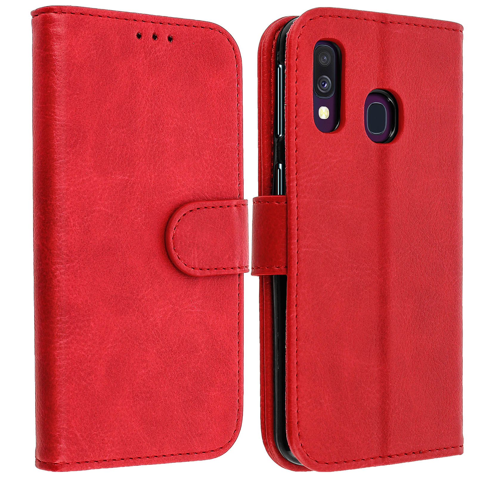 Coque de téléphone rouge style portefeuille. Ouverte avec téléphone à l'intérieur. Fermeture à bouton. Fond blanc.