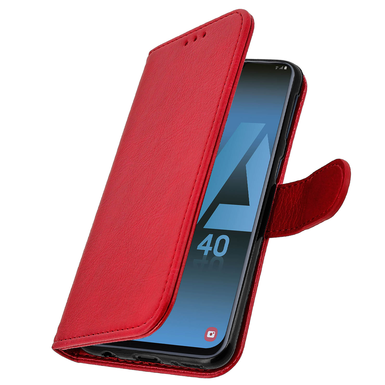 Un étui de téléphone en cuir rouge est ouvert, révélant un téléphone affichant '40'.