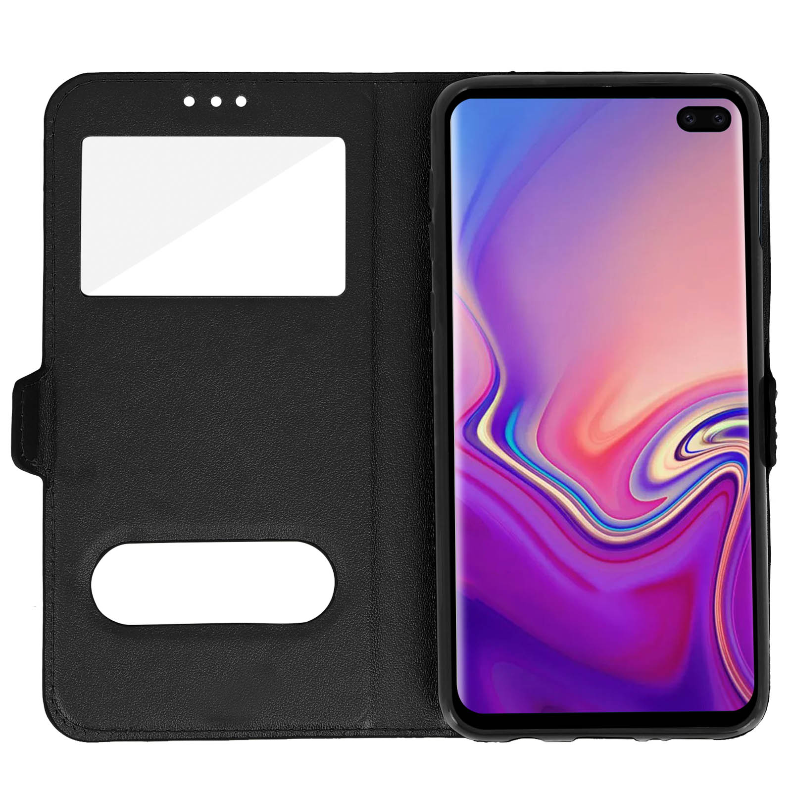 Custodia nera aperta, che mostra un telefono con sfumatura viola e oro.