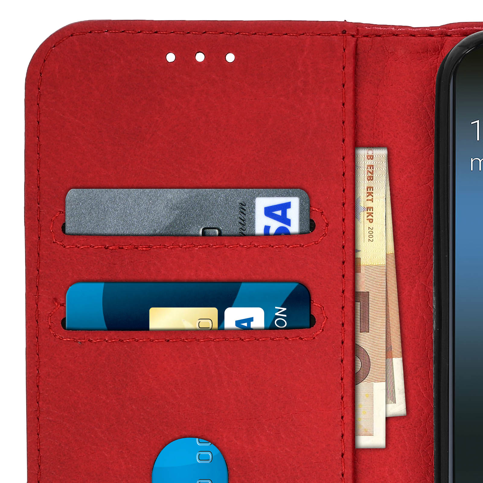 Un étui de téléphone en cuir rouge avec des cartes de crédit, de l'argent liquide et un téléphone à l'intérieur.