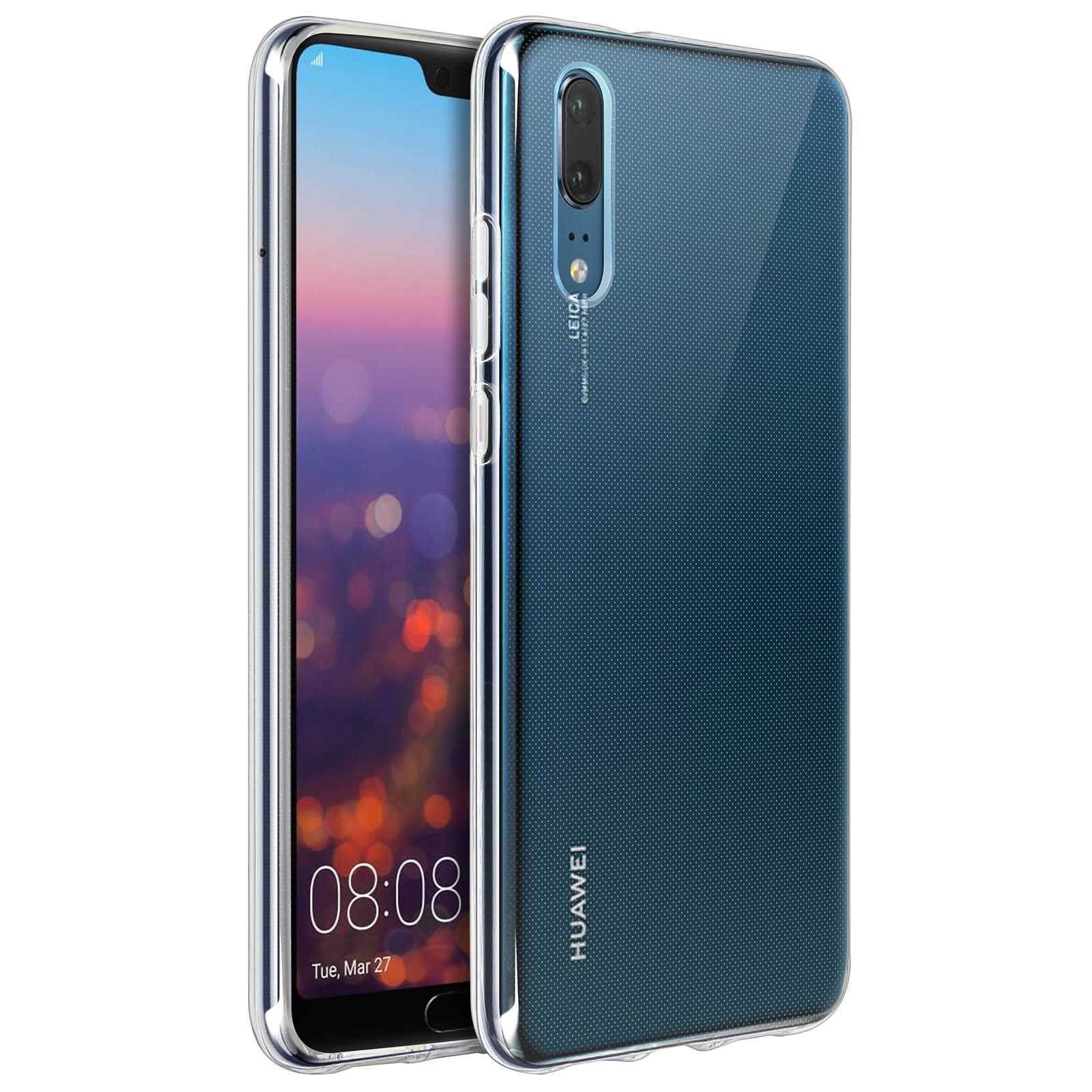 Telefono in una custodia trasparente. Il telefono mostra uno schermo con ora e sfondo bokeh.